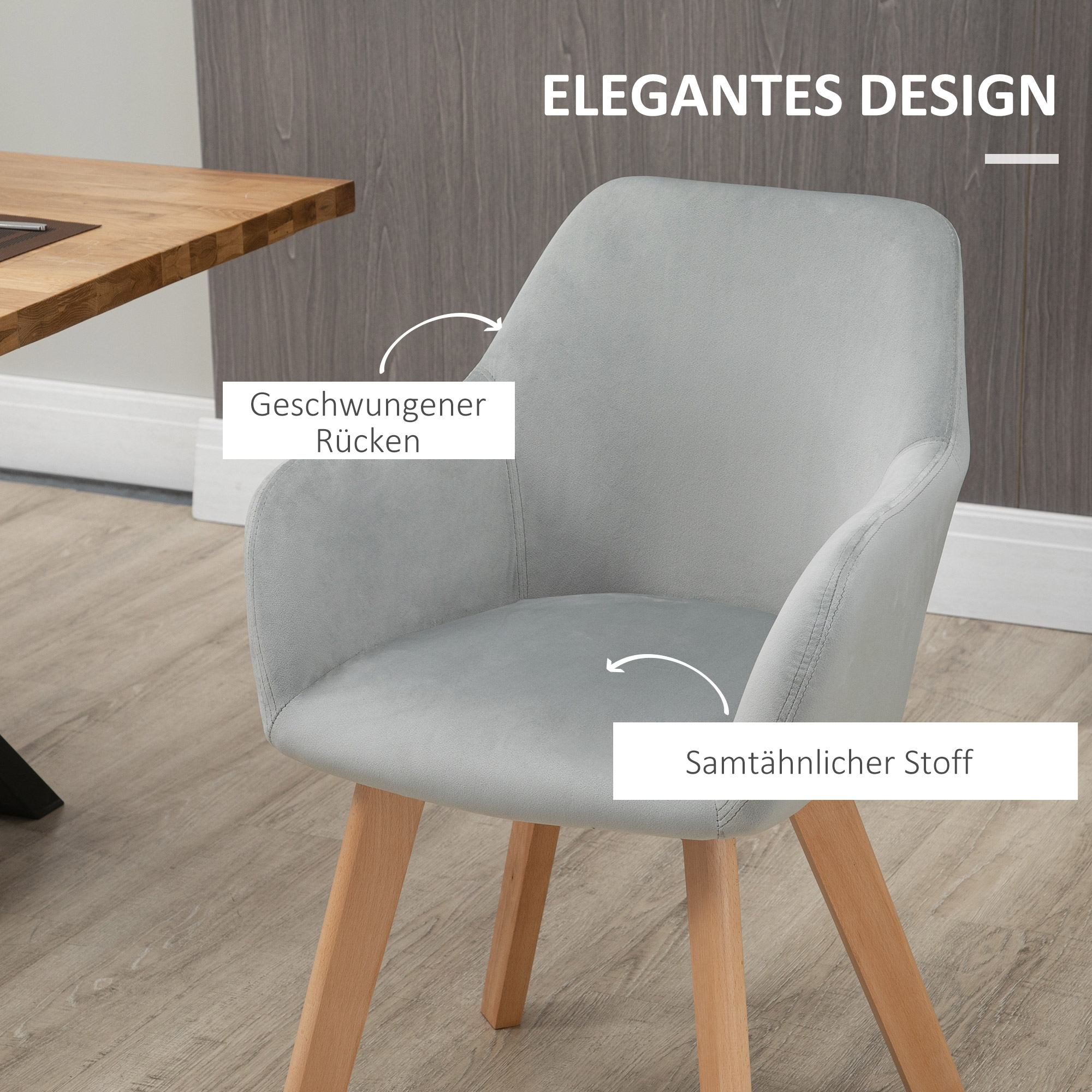 2er-Set Stühle, Esszimmerstühle, Samtoptik, Holzbeine, 54 cm x 57 cm x 80 cm, Grau + Natur