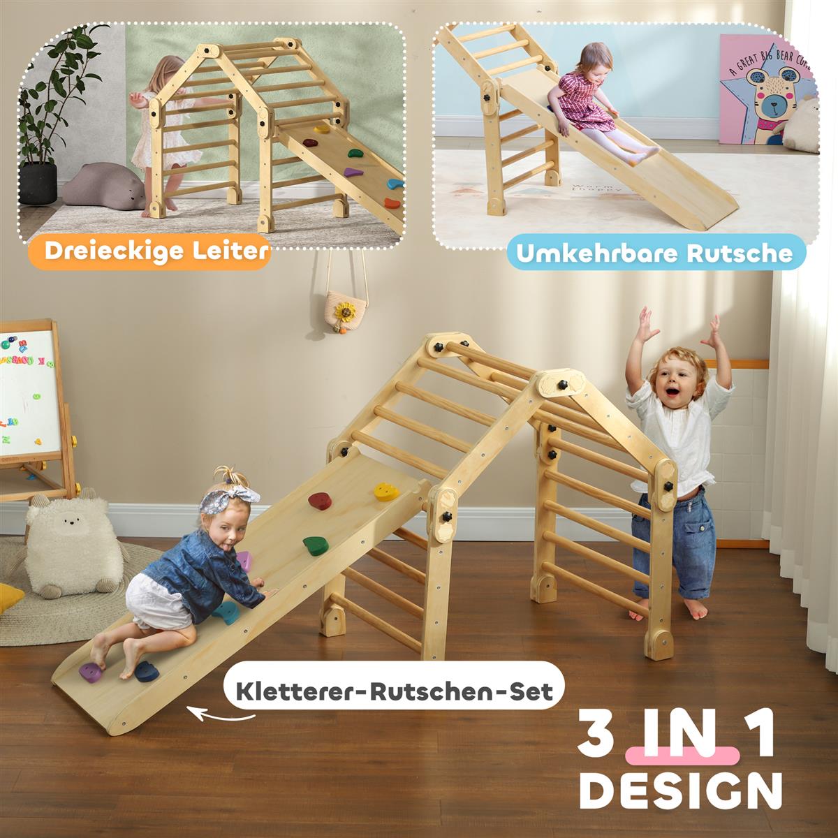 Klettergerüst 3-in-1, faltbar, Leiter & Rutsche/Kletterwand, Holz, für Kinder 1,5-4 Jahre