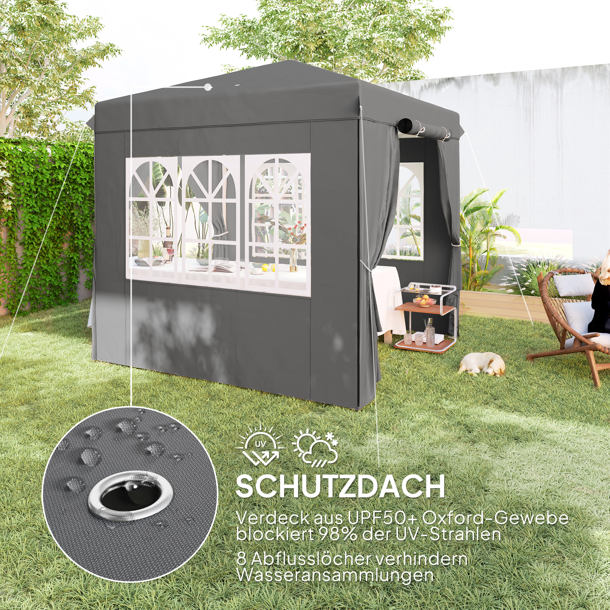 2,5 x 2,5 m Pop-up-Pavillon mit Seitenwänden und Transporttasche, UPF50+ höhenverstellbares Gartenzelt, Dunkelgrau