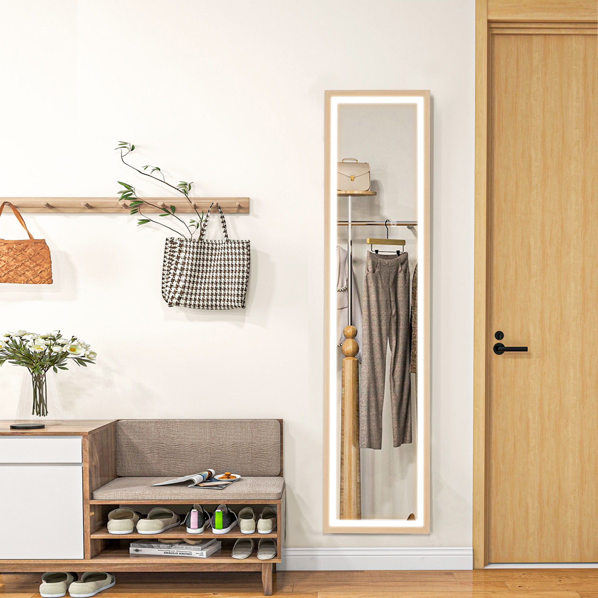 LED Ganzkörperspiegel, 40 x 160 cm, Touch-Steuerung, dimmbar, 3 Farben,  Eiche