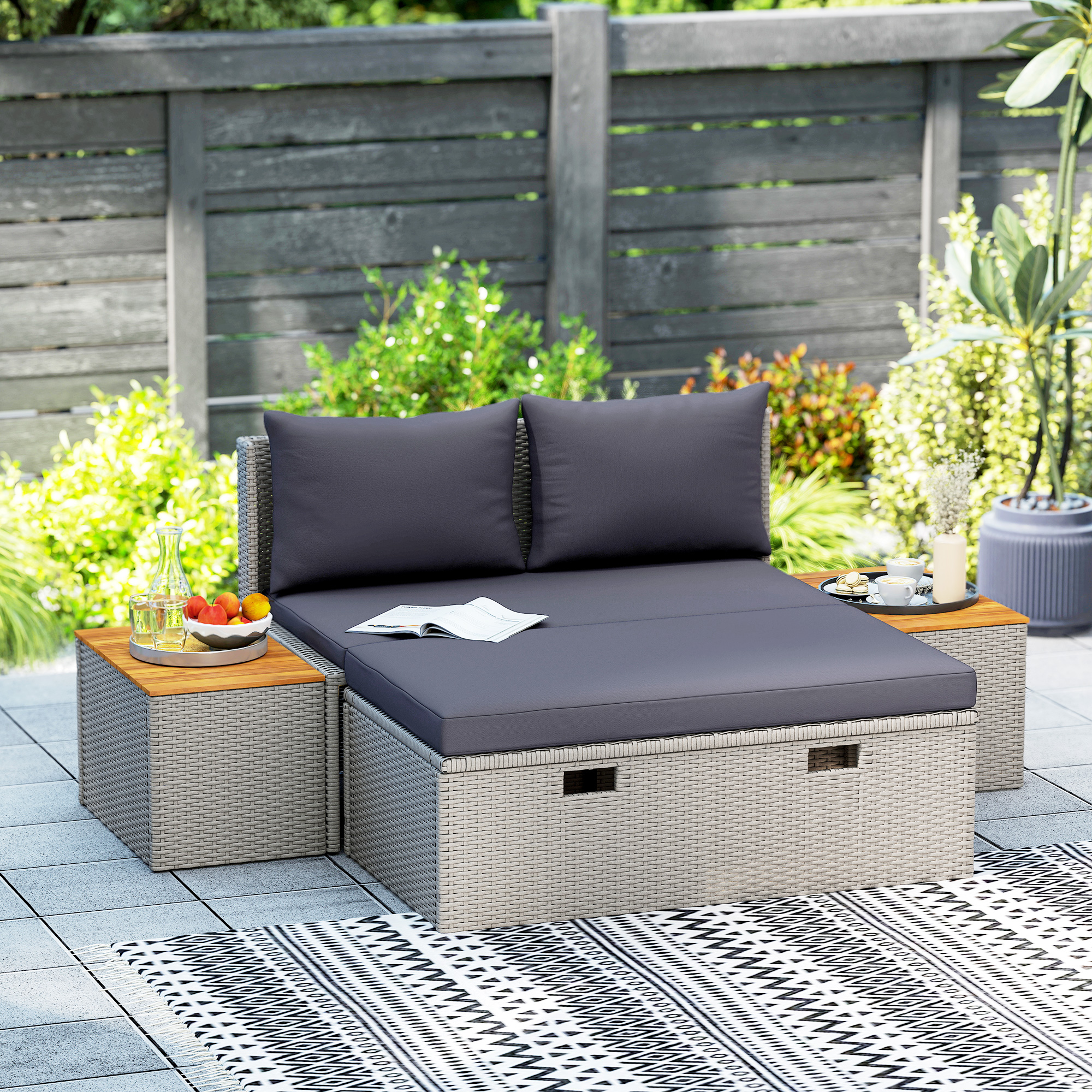 Polyrattan Sonnenliege für 2 Personen Doppelliege mit Fußhocker Stauraum Auflagen 125x114x72,5 cm Grau