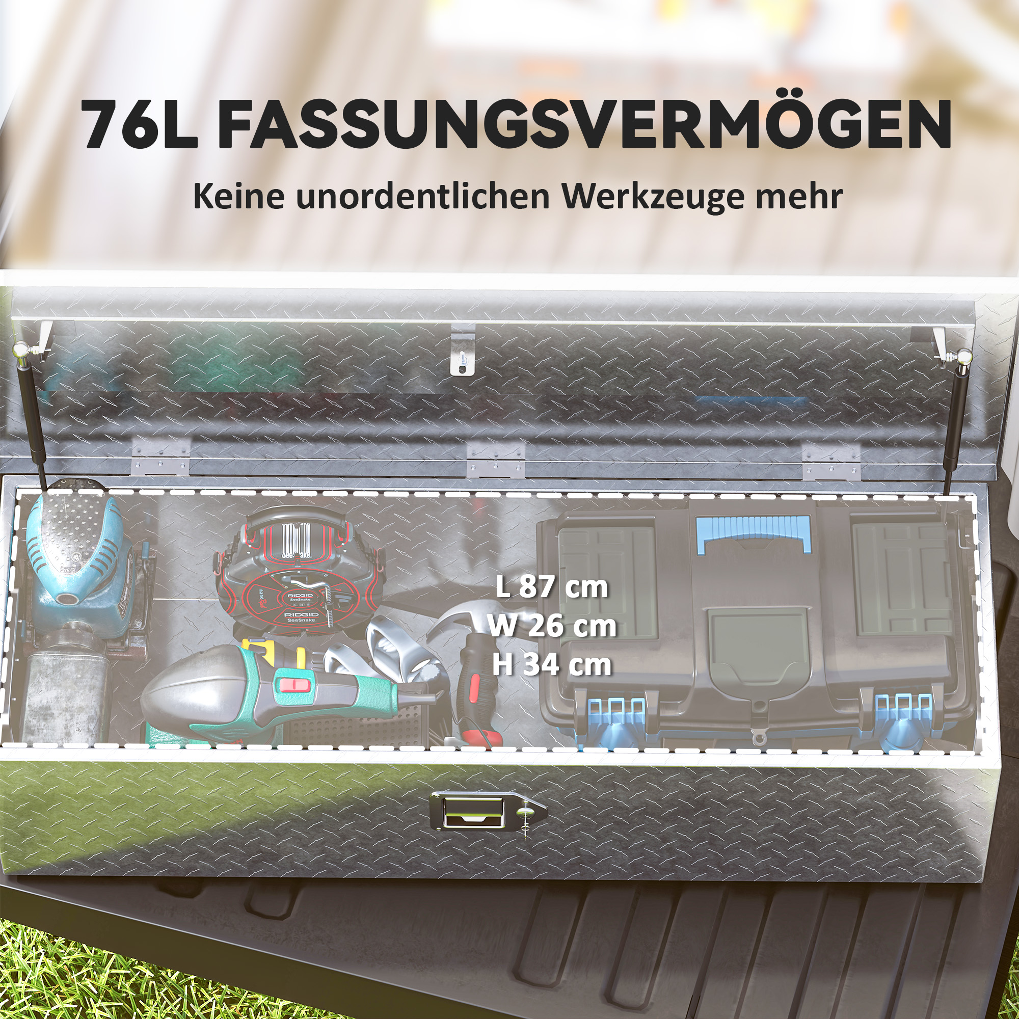 Stabile Aufbewahrungskiste aus Aluminium mit Seitengriffen, Schloss und Schlüsseln, Werkzeugkasten, 99 x 33 x 25,5 cm