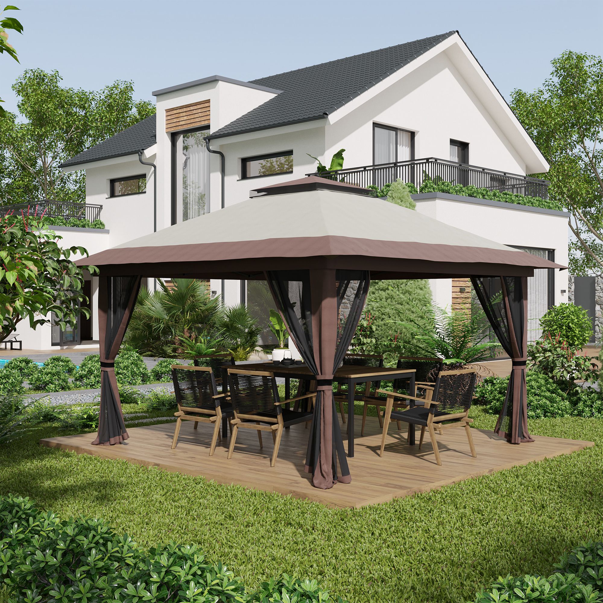 Faltpavillon, höhenverstellbar, 4 Netzwände, Lüftungsdach, Tragetasche, Schnellaufbau, 4 x 4 x 3 m, Beige