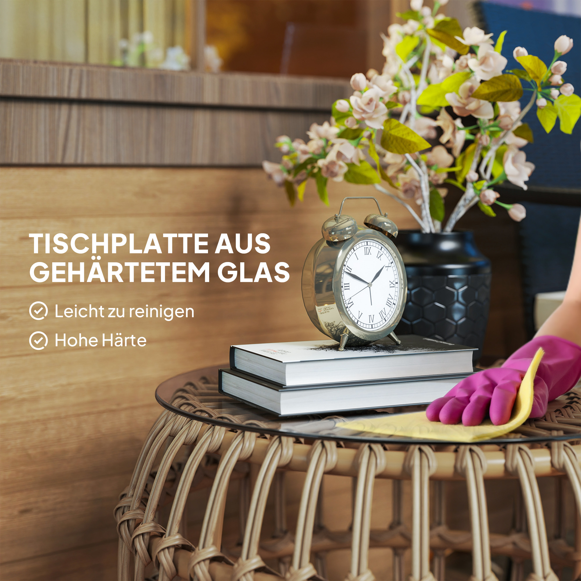 2er Set Beistelltisch Polyrattan Ø66/42 cm rund wetterfest Gartentisch mit Glasplatte Braun