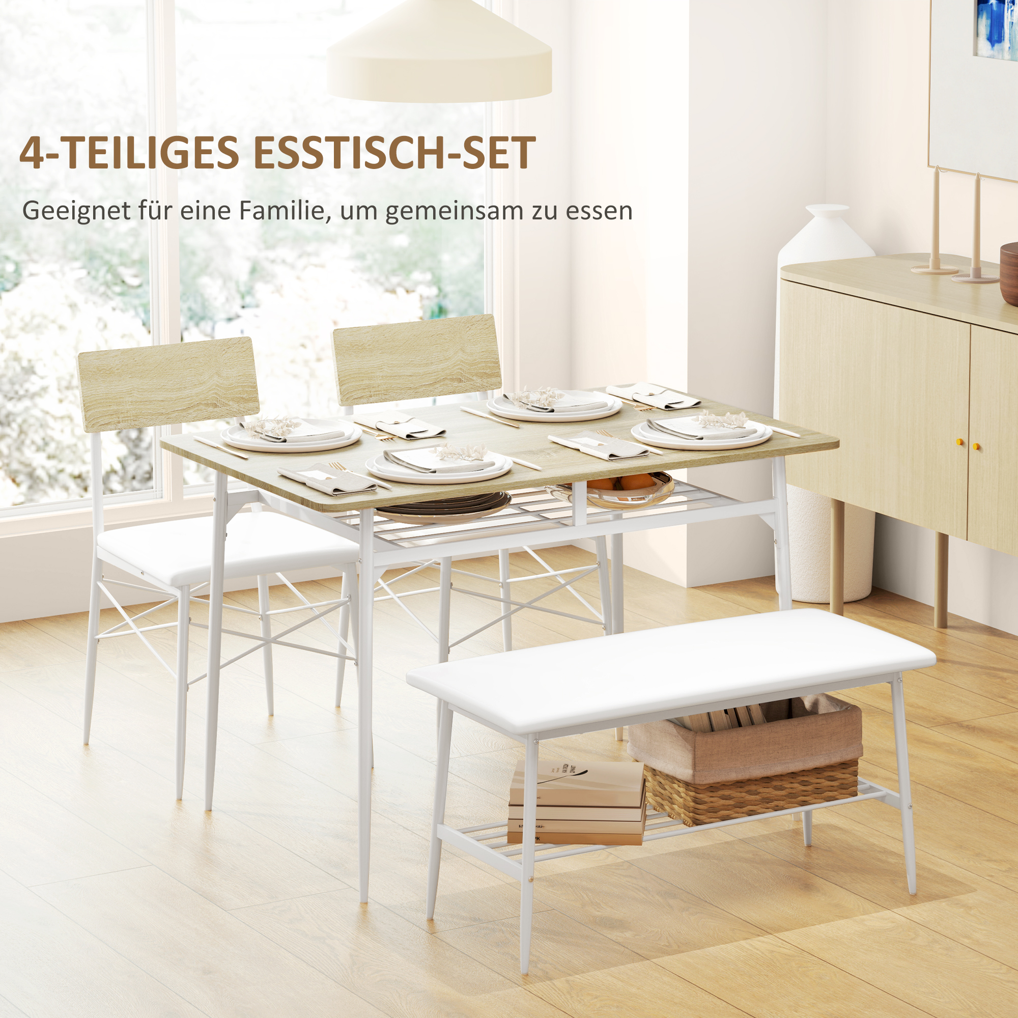 4-teiliges Esstisch-Set mit Stühlen und Bank für 4 Personen, gepolsterte Sitze, Stahlrahmen, Holz, Eiche