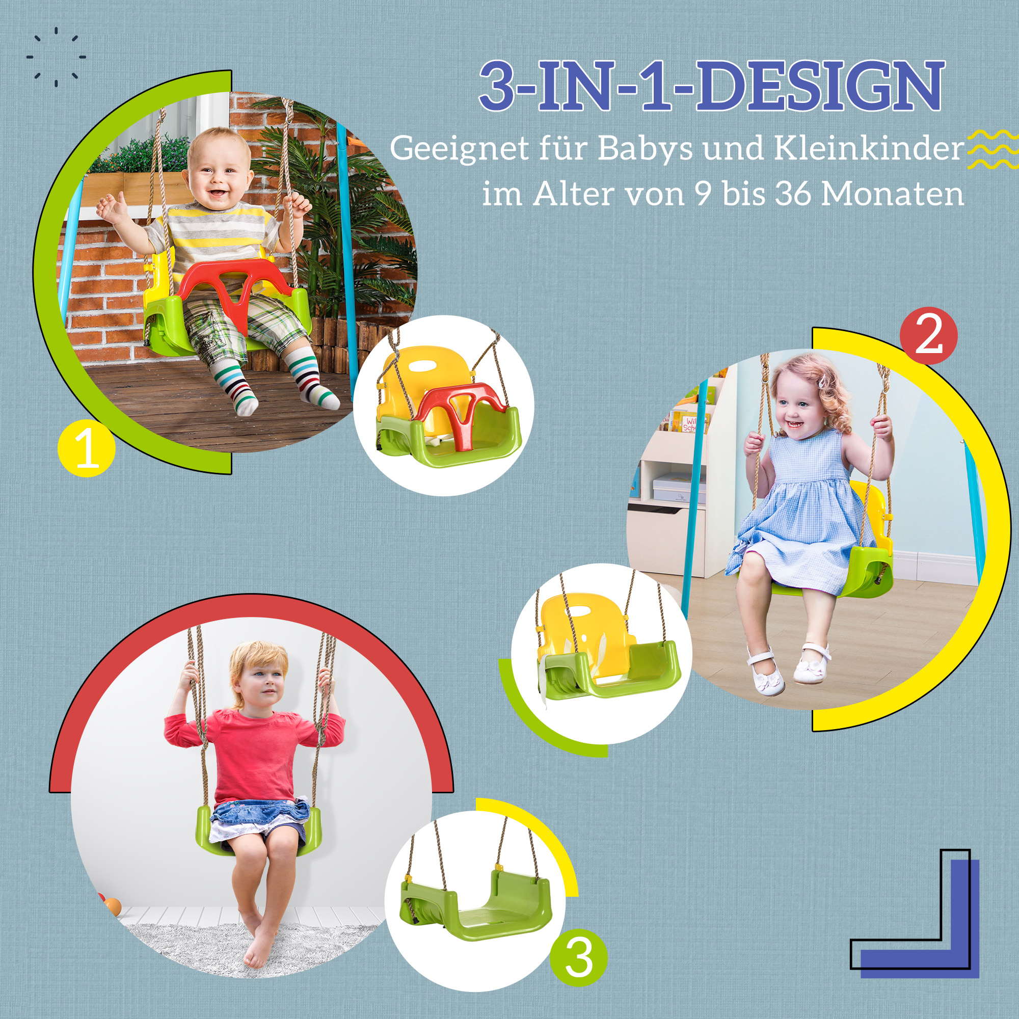 Babyschaukel 3 in 1 verstellbar Kinderschaukel mit Rückenlehne, Anschnallgurt, für Kinder von 9-36 Monaten, Grün