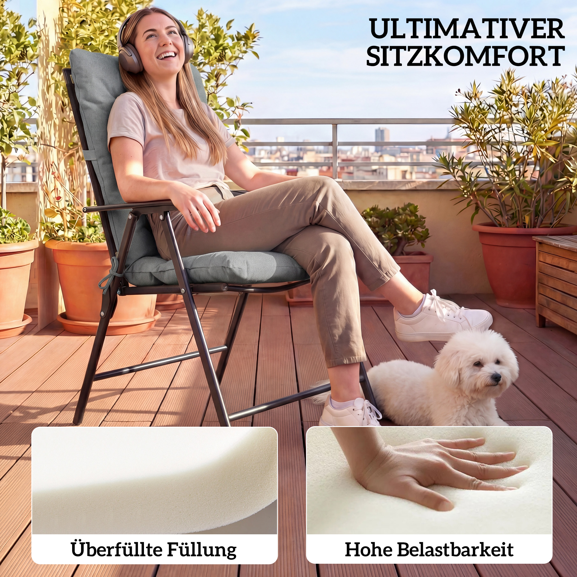 Outdoor-Sitzkissen mit Rückenlehne und Bändern, wasserabweisende Polster für drinnen und draußen, Hellgrau