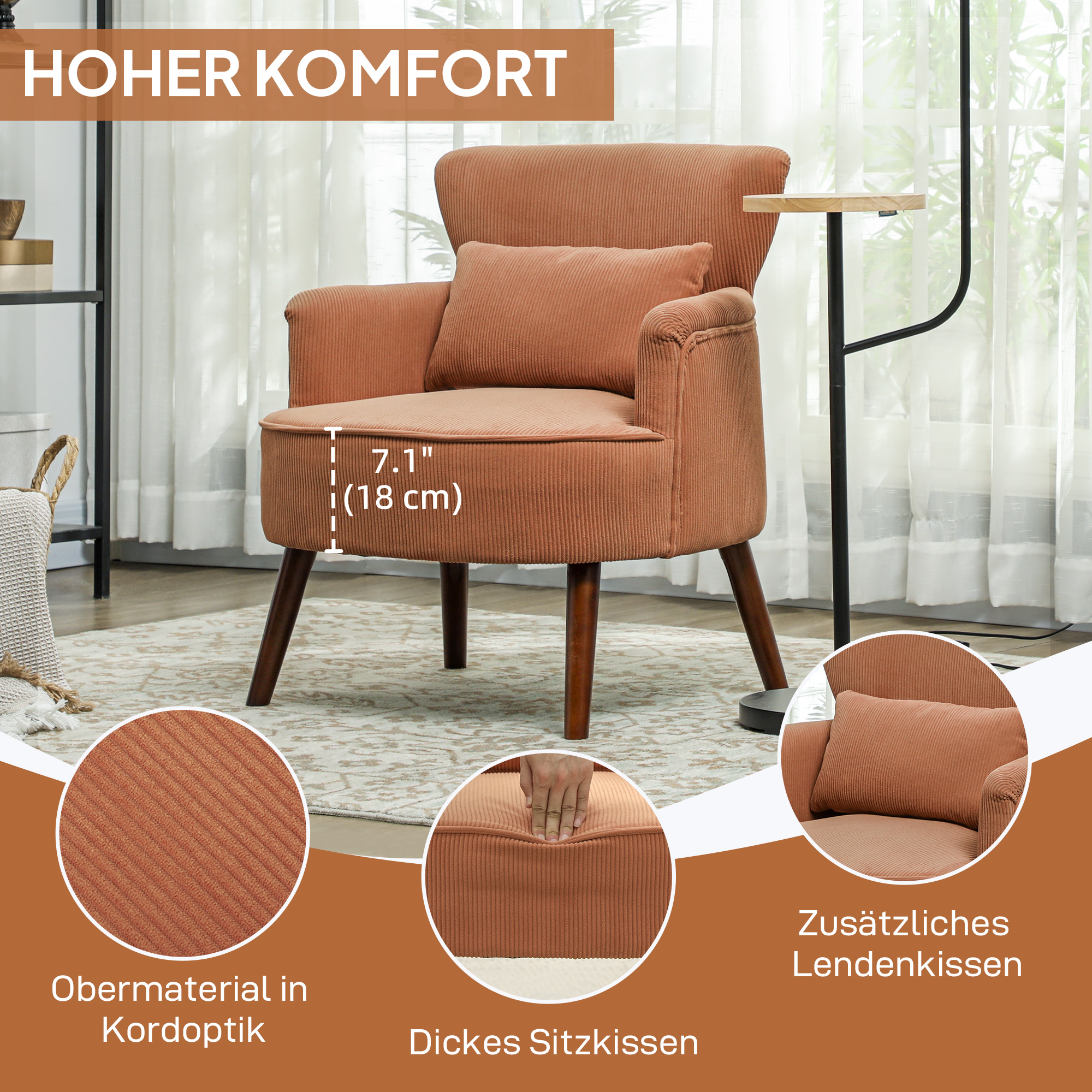 Moderner Armlehnstuhl, Gepolsterter Akzentstuhl mit Lendenkissen, Kautschukholzbeinen, Orange