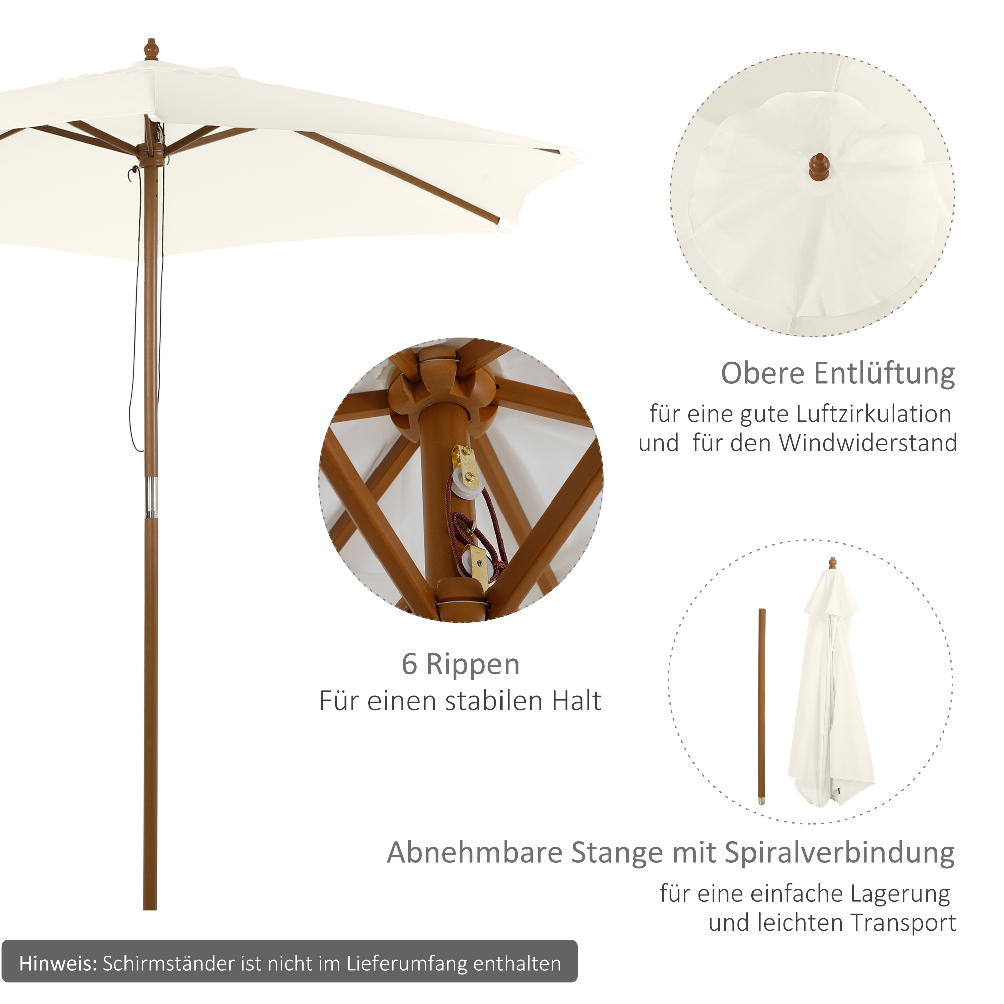 Sonnenschirm Ø 250 cm, Sonnenschirm mit Seilzugmechanismus Balkonschirm Strandschirm aus Bambus windfest Marktschirm Sonnenschutz für Balkon Terrasse Garten, Weiß