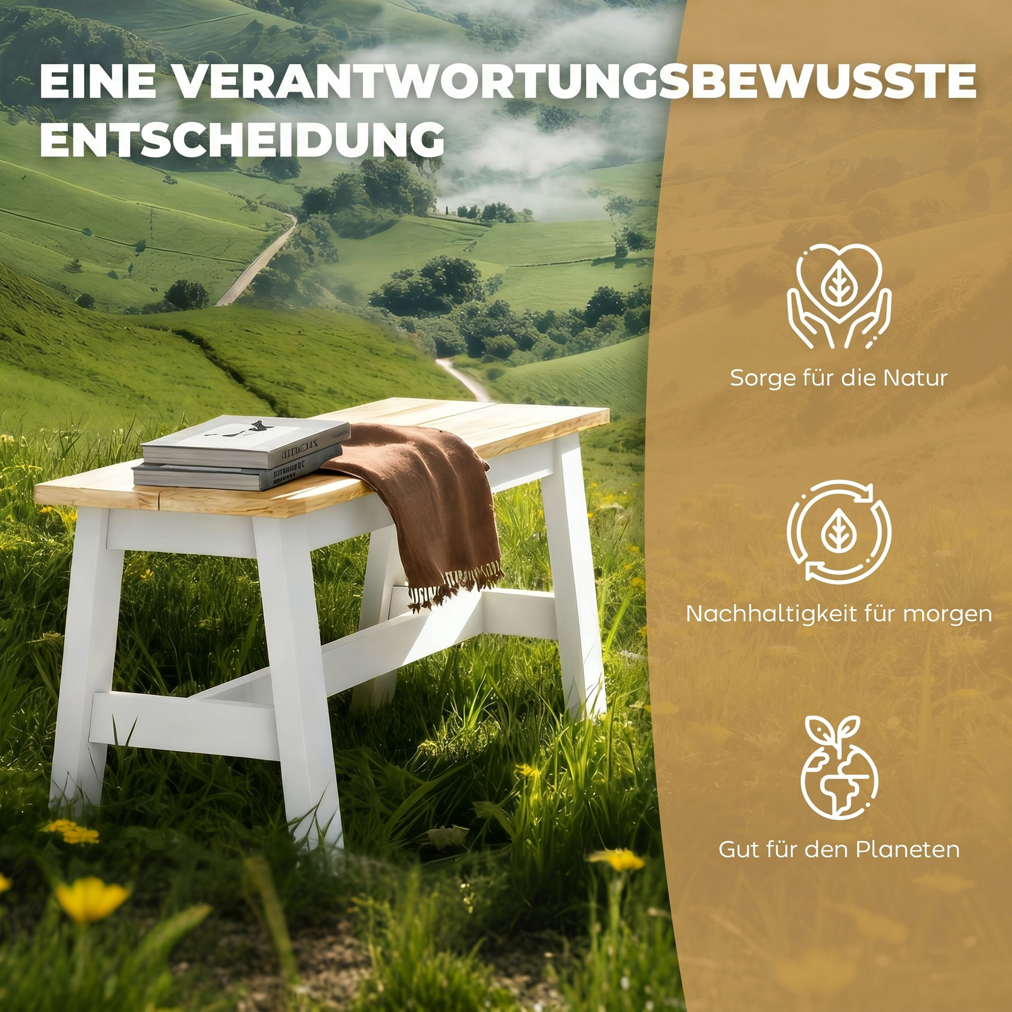 Sitzbank für 2, Holzbank in Eichenoptik, stabilisierende Querstange, für Wohnzimmer, Esszimmer, Flur, Kautschukholz, Weiß