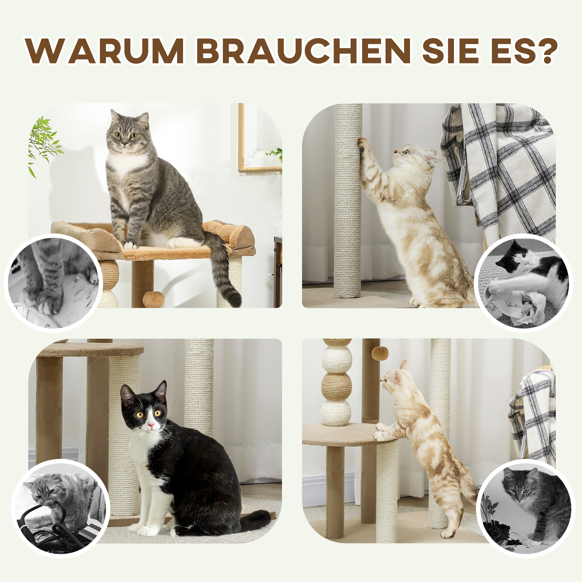 Kratzbaum mit 2 Etagen, Spielball, Kratzstämmen, Kratzkugeln, bis 7 kg, 56 x 54 x 86 cm, Braun