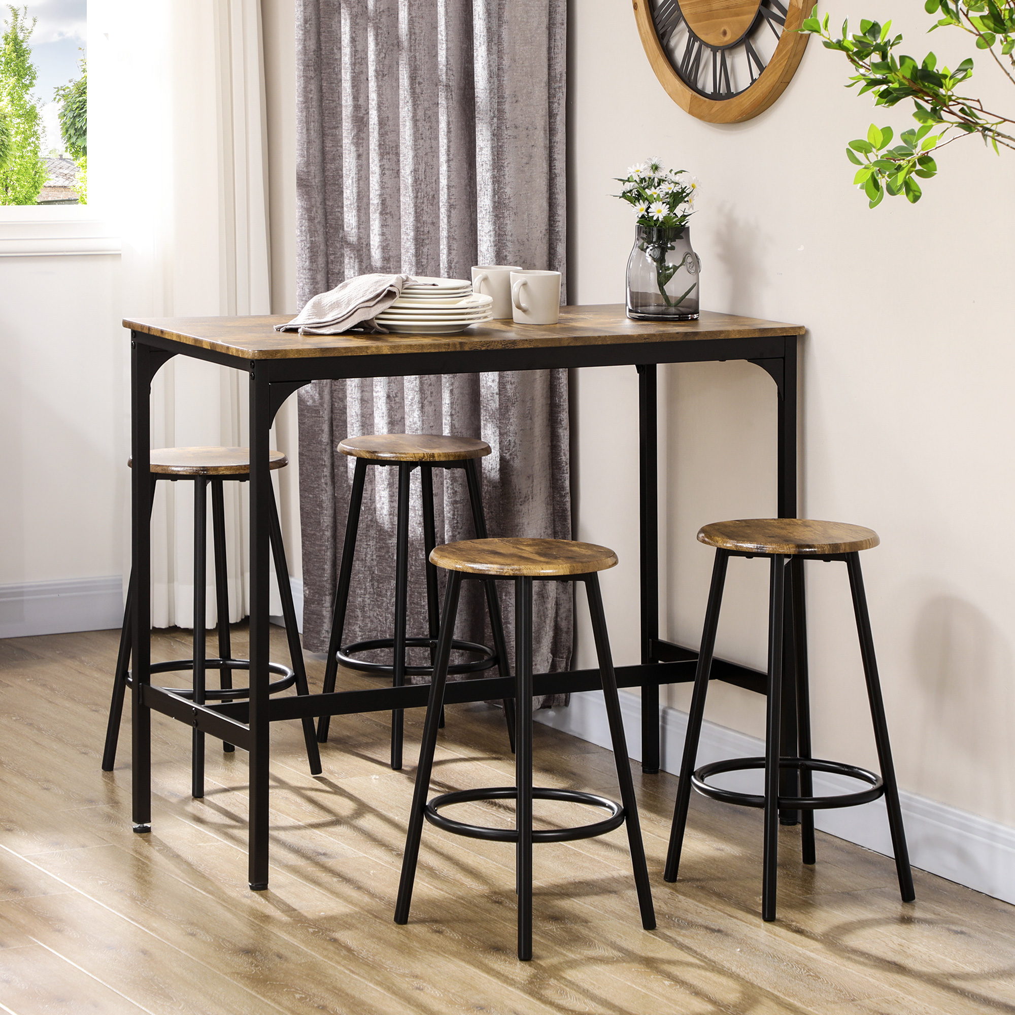 5-tlg. Bartisch-Set im Industriedesign, 1 Bartisch, 4 Barhocker, Sitzgruppe, Küchentresen, Schwarz + Braun