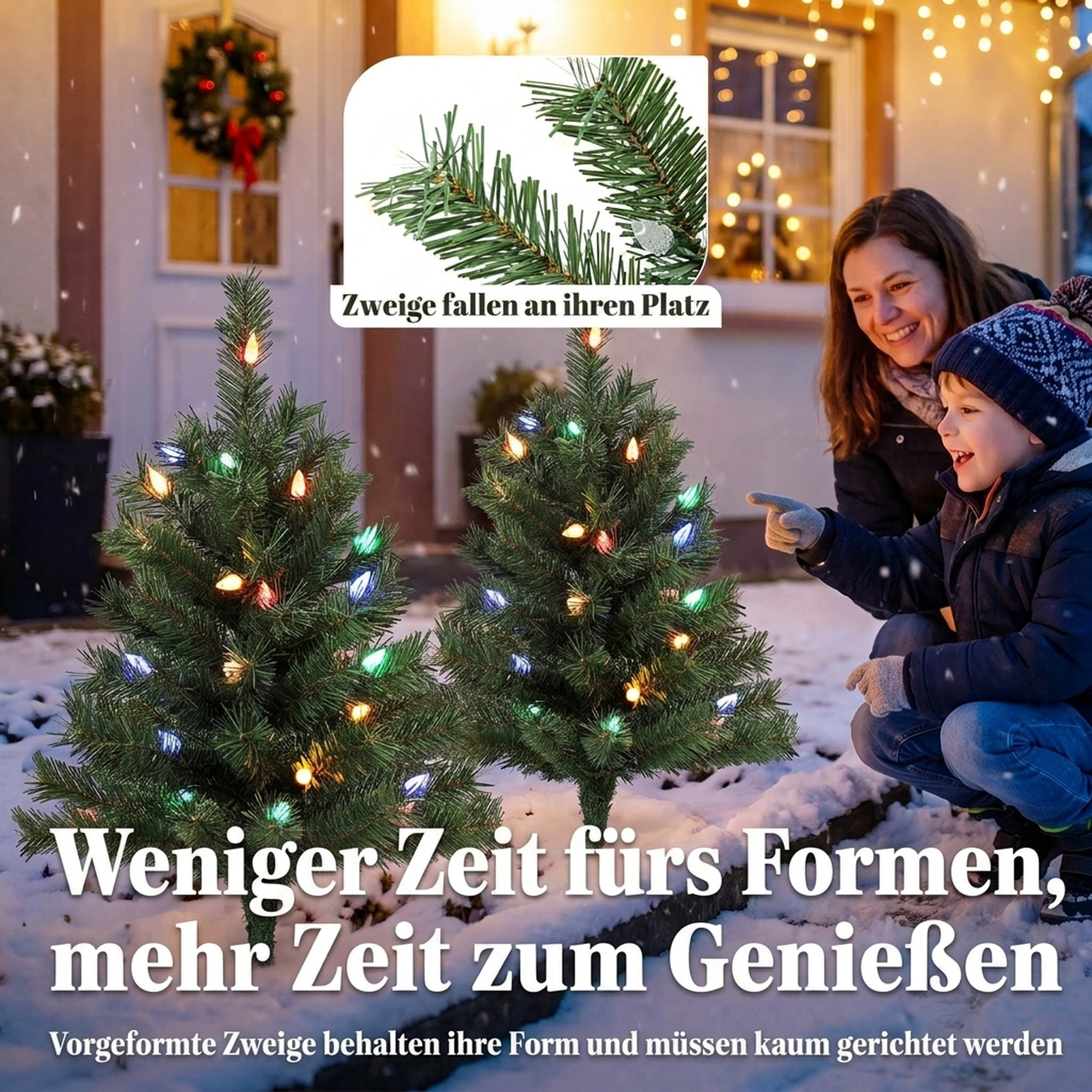 Beleuchteter Weihnachtsbaum 60 cm, 2er-Set, künstlich, mit 60 bunten LED-Lichtern, 130 Zweigspitzen, Grün