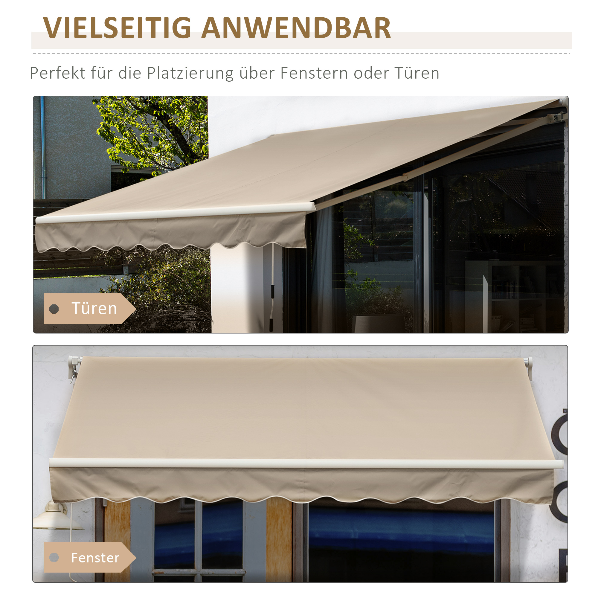 Markise, Sonnenschutz, einfahrbar, mit Handkurbel, Metallrahmen, Polyester, Weiß+Beige, 3,95 x 2,45 m