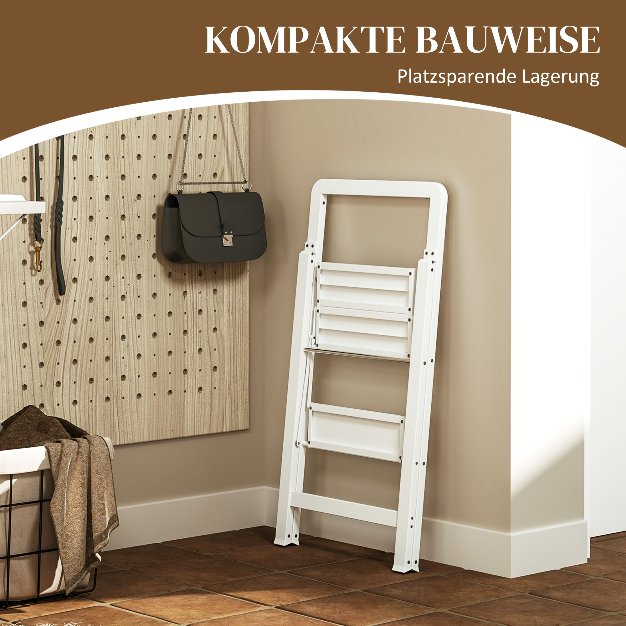 2-stufige Trittleiter, Aluminum faltbar, rutschfeste Plattform, Weiß