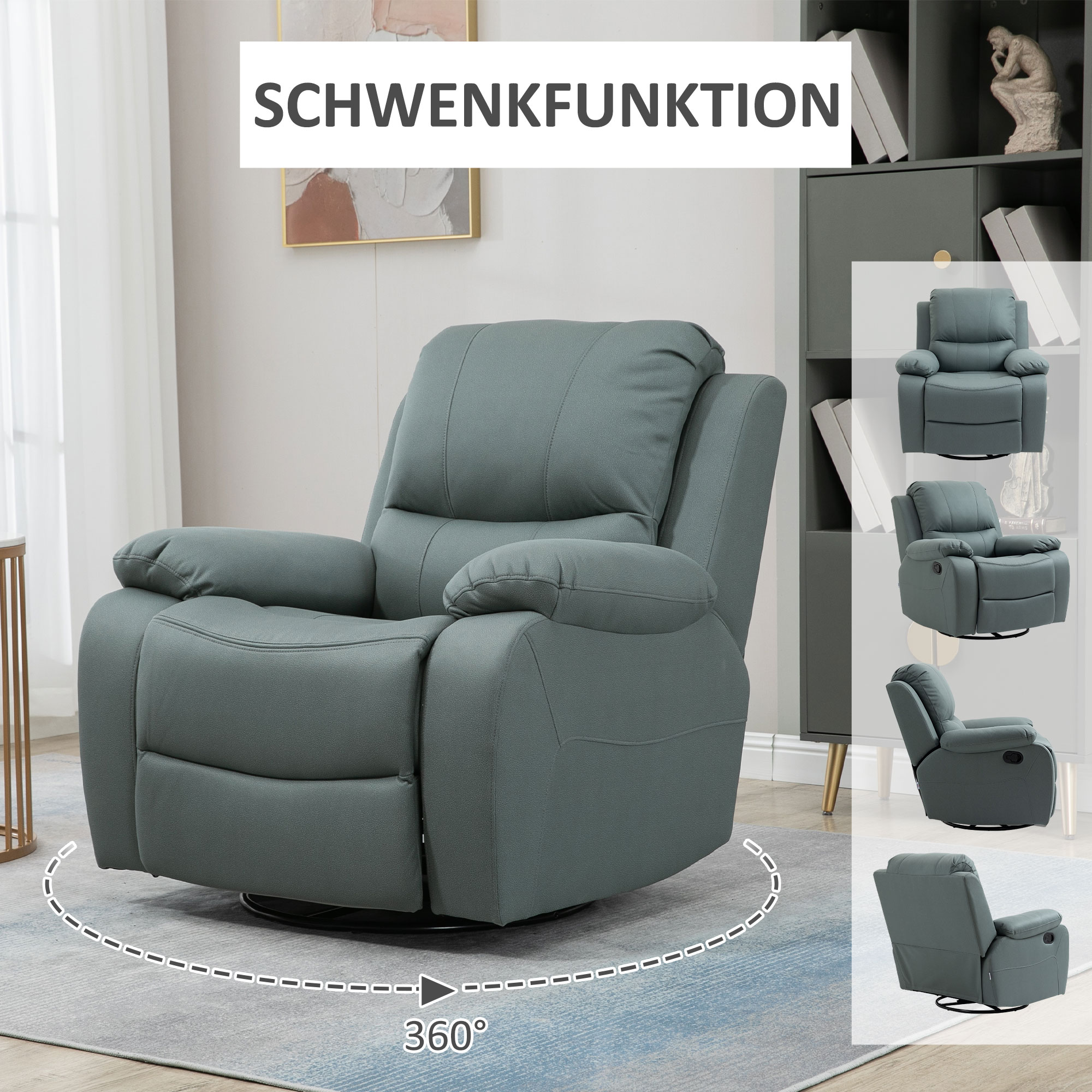 Relaxsessel mit Neigungsverstellung bis 135° 360 Grad drehbar 93 cm x 100 cm x 98 cm Stahlgestell Grün