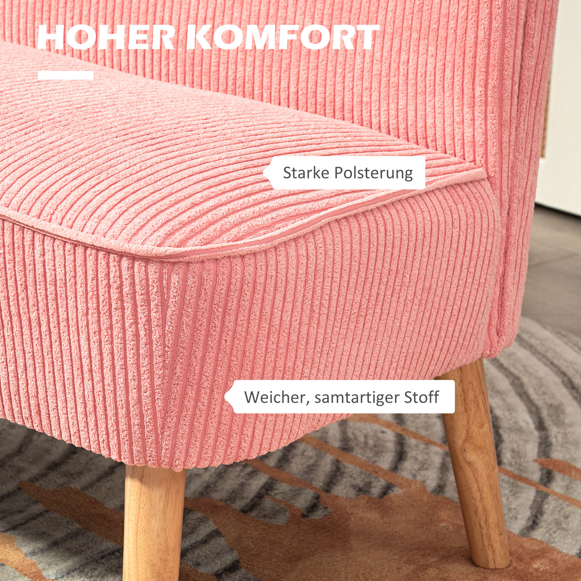 Zweisitzer-Sofa, elegantes Skandi Design, massiver Holzrahmen, bis 150 kg, 117 x 56,5 x 77 cm, Rosa
