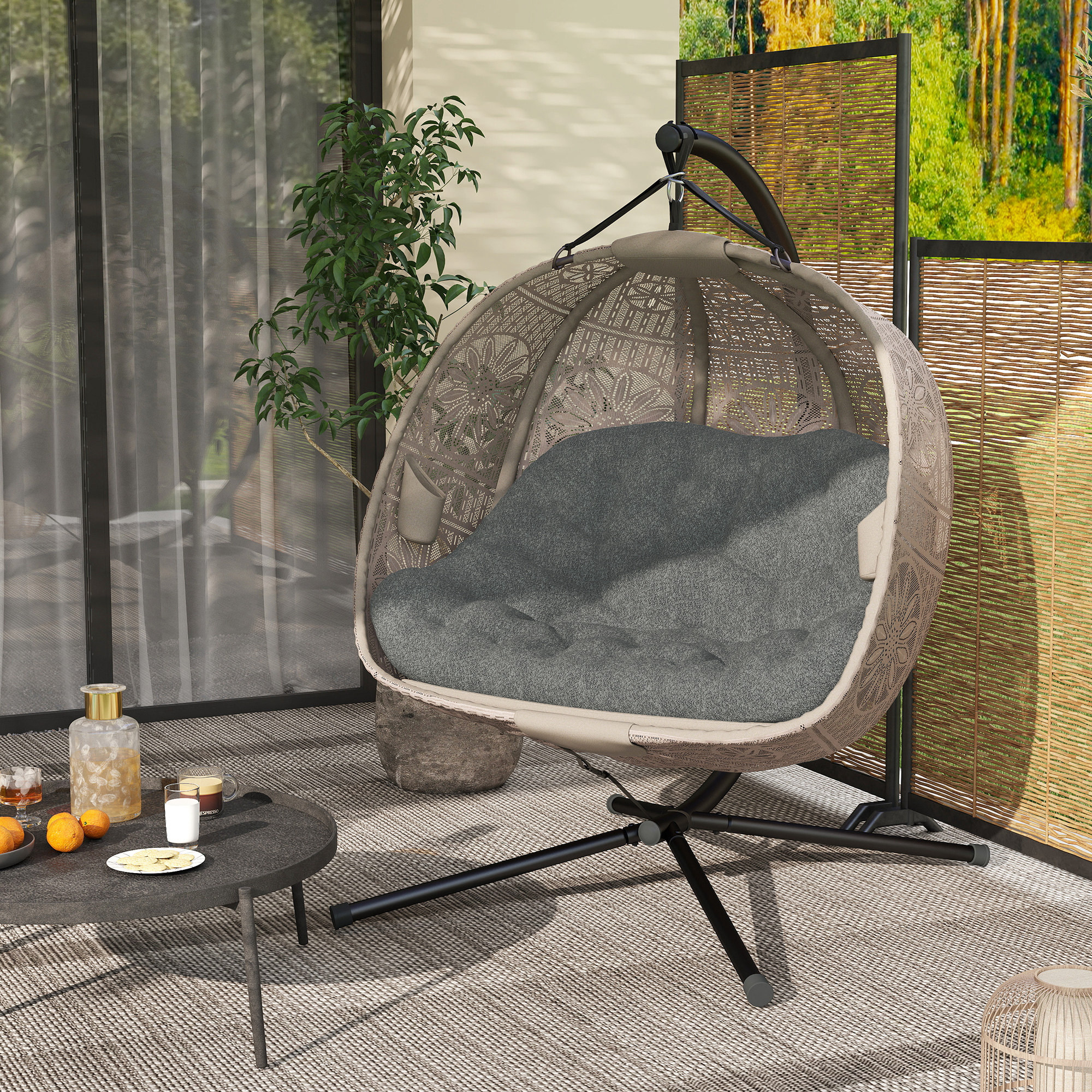 Hängesessel mit Gestell, Eiförmiger Hängeschaukel mit abnehmbarem waschbarem Kissen, Hängematte für 2 Personen, Schaukelsessel Indoor Outdoor, Sand+schwarz