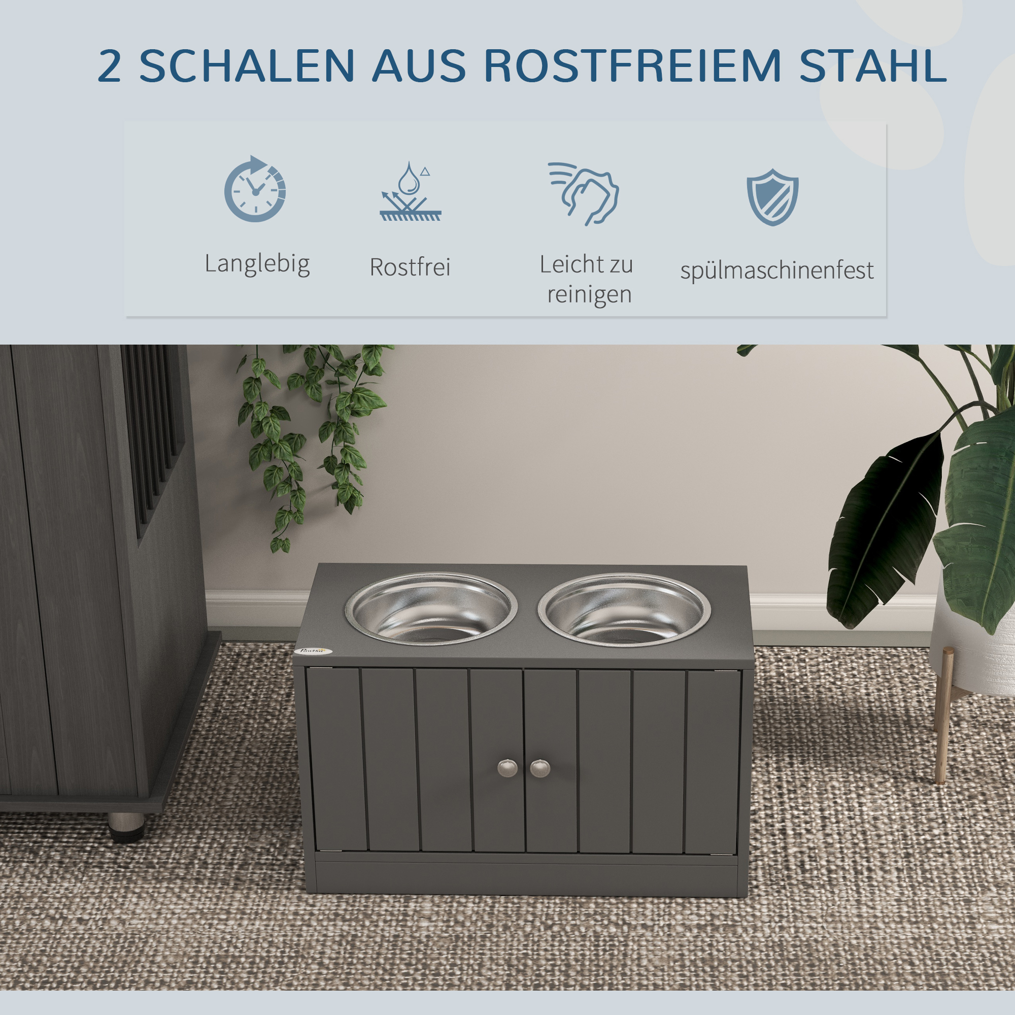 erhöhte Futterstation mit 2 Edelstahlschüsseln und 44 L Stauraum, Magnettüren, für große Hunde, Grau
