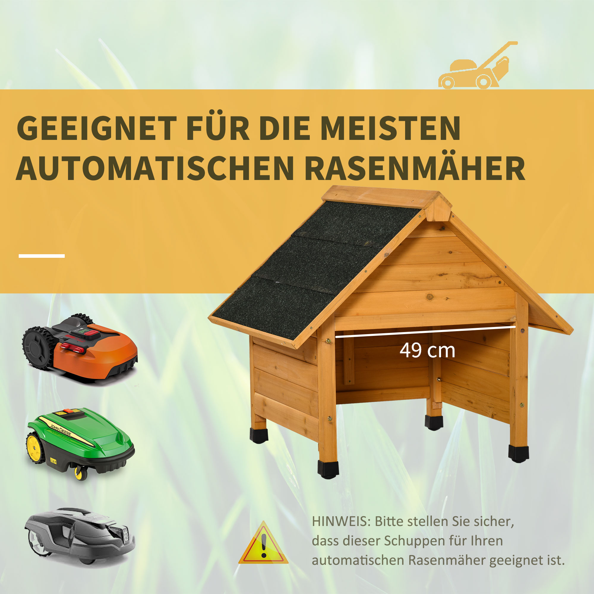 Holzgarage für Rasenmäher Roboter Mähroboter Garage Carport für Rasenroboter Sonnen- & Regenschutz Gelb 75 x 76 x 70 cm