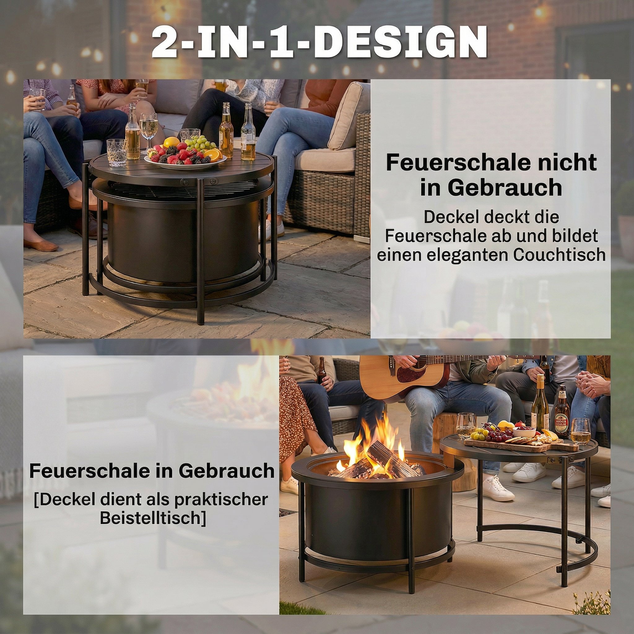 Feuerschale 66 x 63 x 41 cm Rund Feuerstelle mit Grillrost Schürhaken Deckel Ständer Schwarz