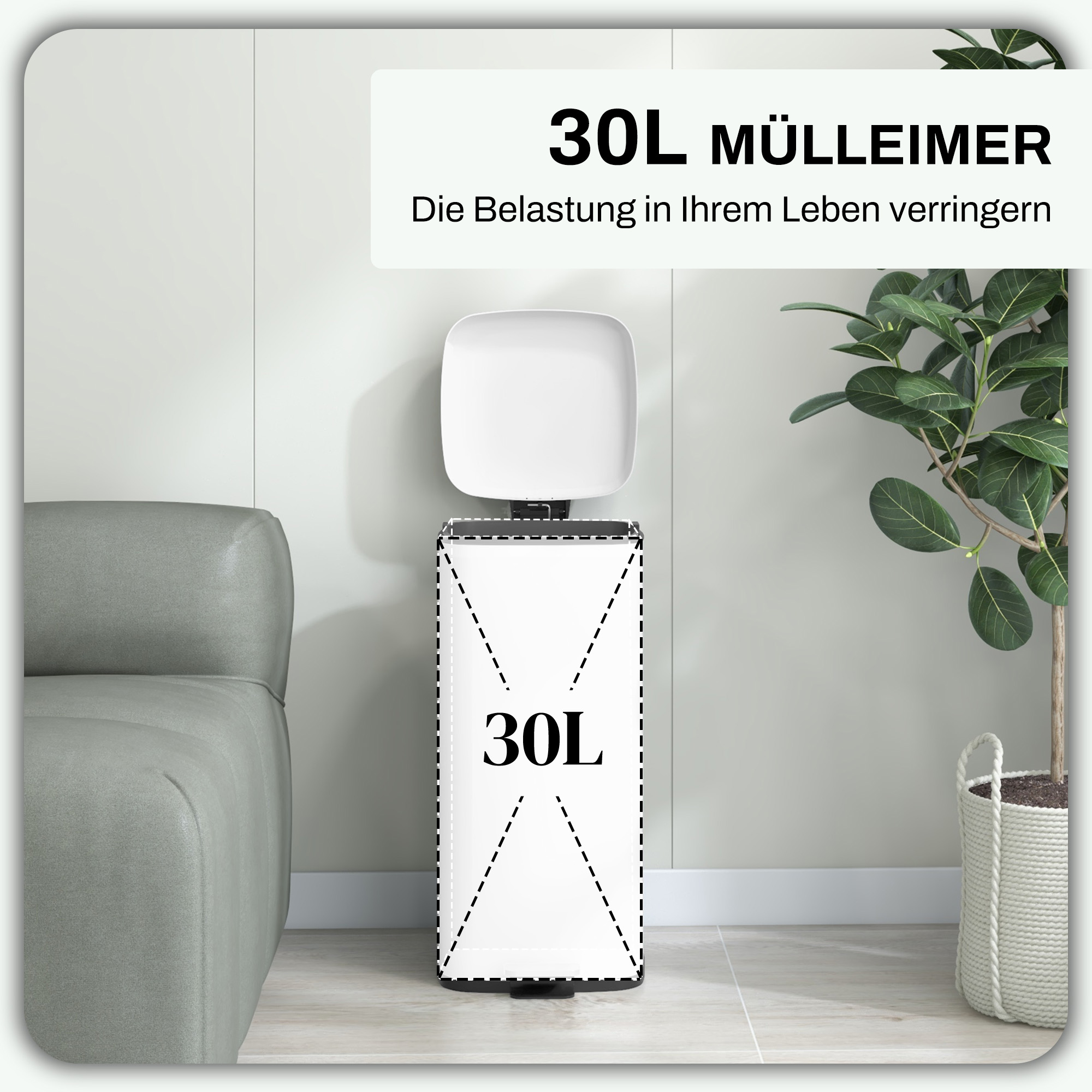 Mülleimer 30L, Soft-Close-Deckel, Fingerabdrucksicher, Fußpedal, Metall/Kunststoff, 28x35x63,5 cm, Weiß