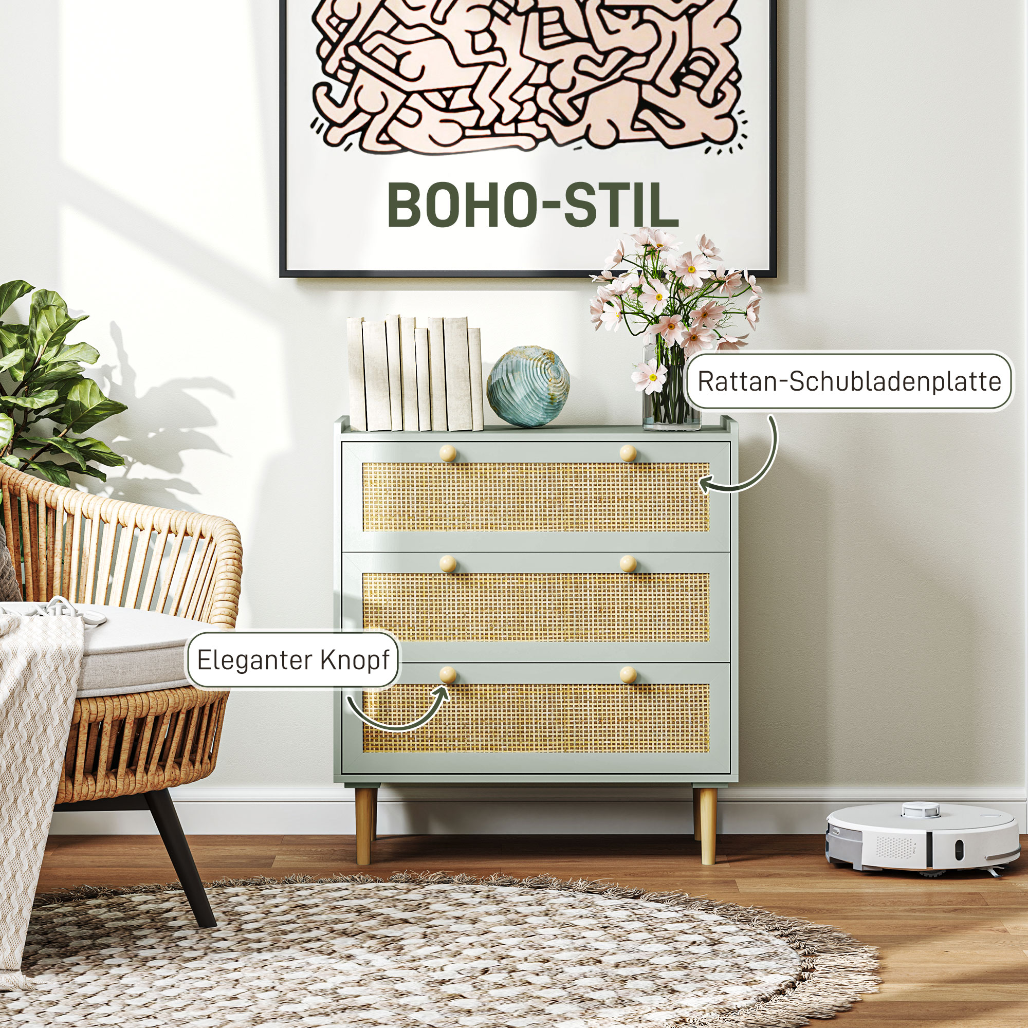 Schlafzimmer-Kommode mit 3 Schubladen, Rattan-Fronten, Kleiderkommode für Flur, Eingangsbereich, MDF, Grün
