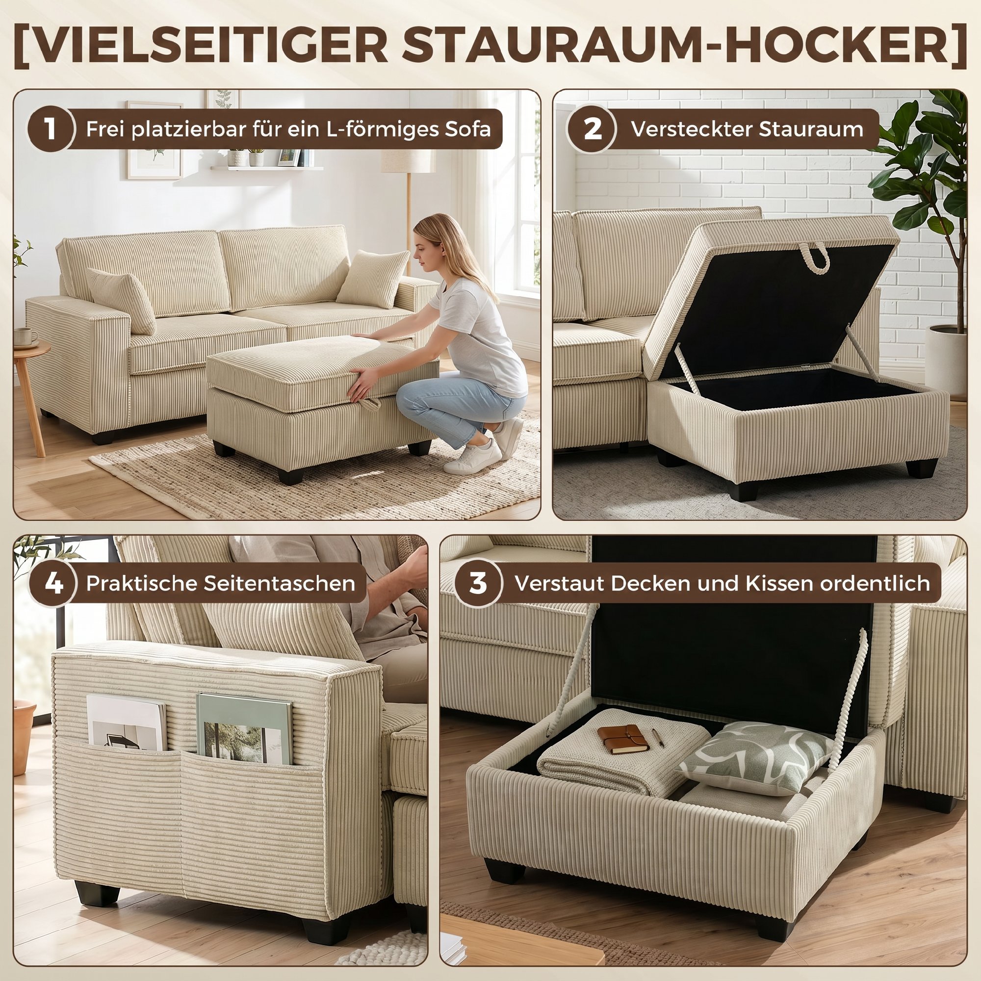 Ecksofa 216 cm 3-Sitzer L-Form Sofa mit Umkehrbarem Aufbwahrungshocker, Cord-Optik, Breiter Sitzfläche, für Wohnzimmer