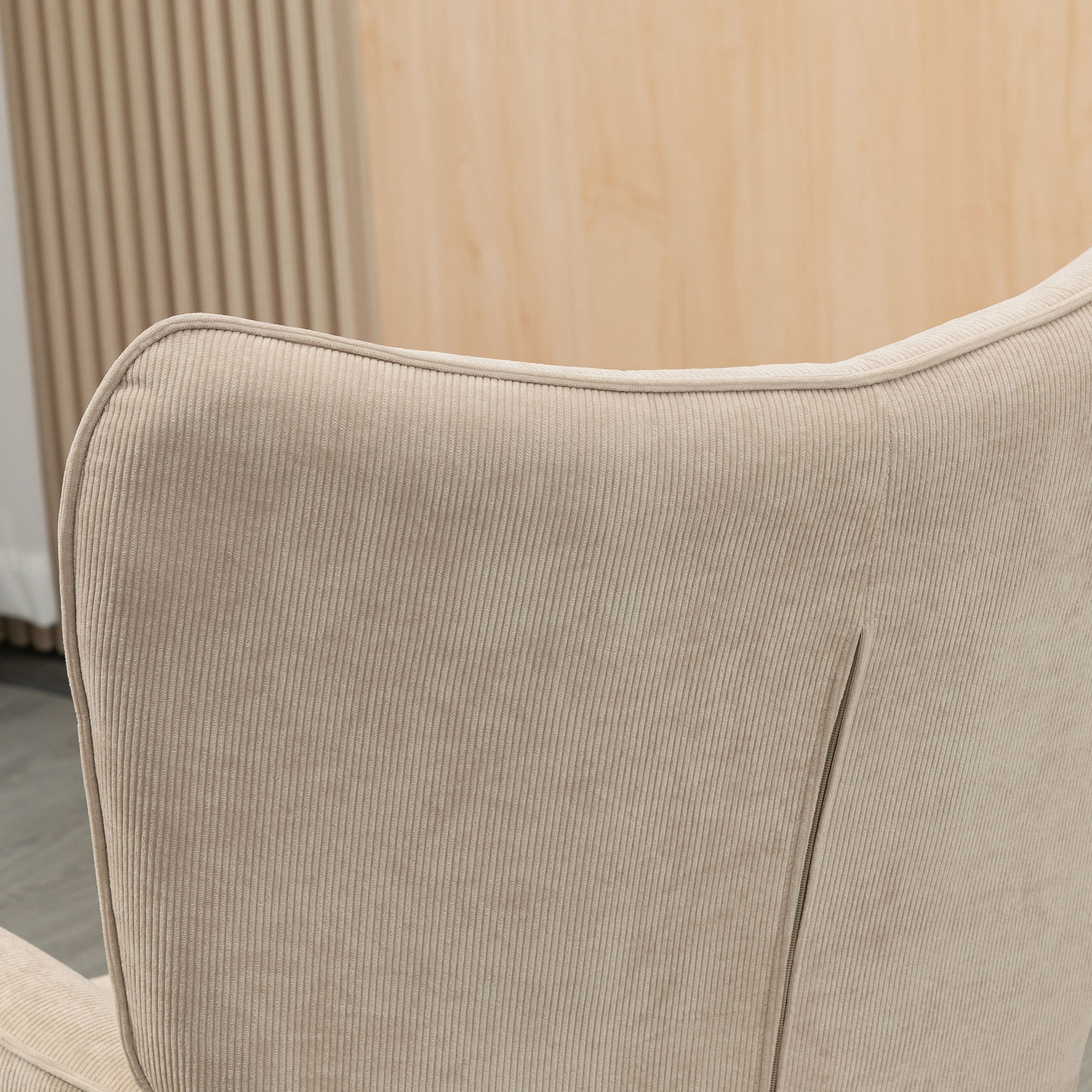 Akzentsessel mit Hocker, Relaxsessel in Cord-Optik, Armlehnstuhl mit Holzbeinen, für Wohnzimmer, Beige