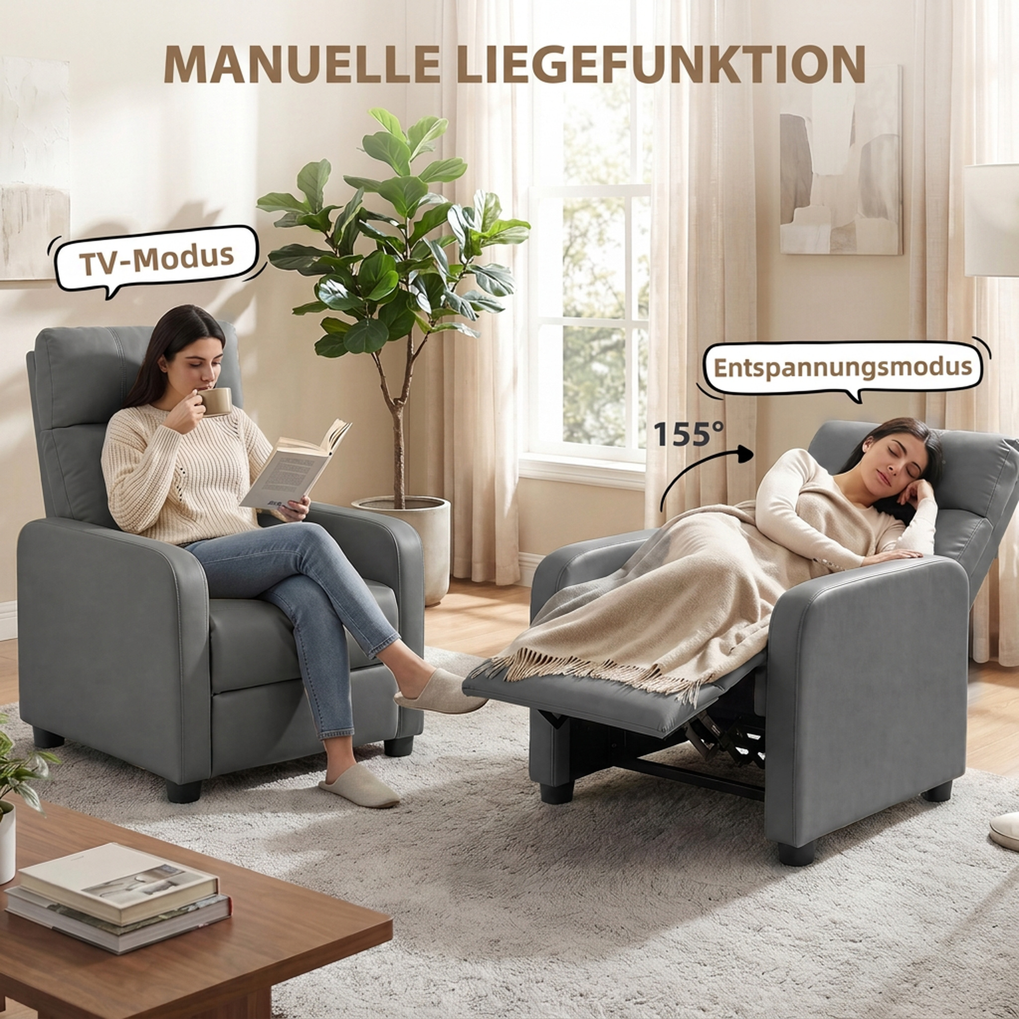 Relaxsessel mit Push Back Liegefunktion und Fußstütze Fernsehsessel aus PU Leder  Grau