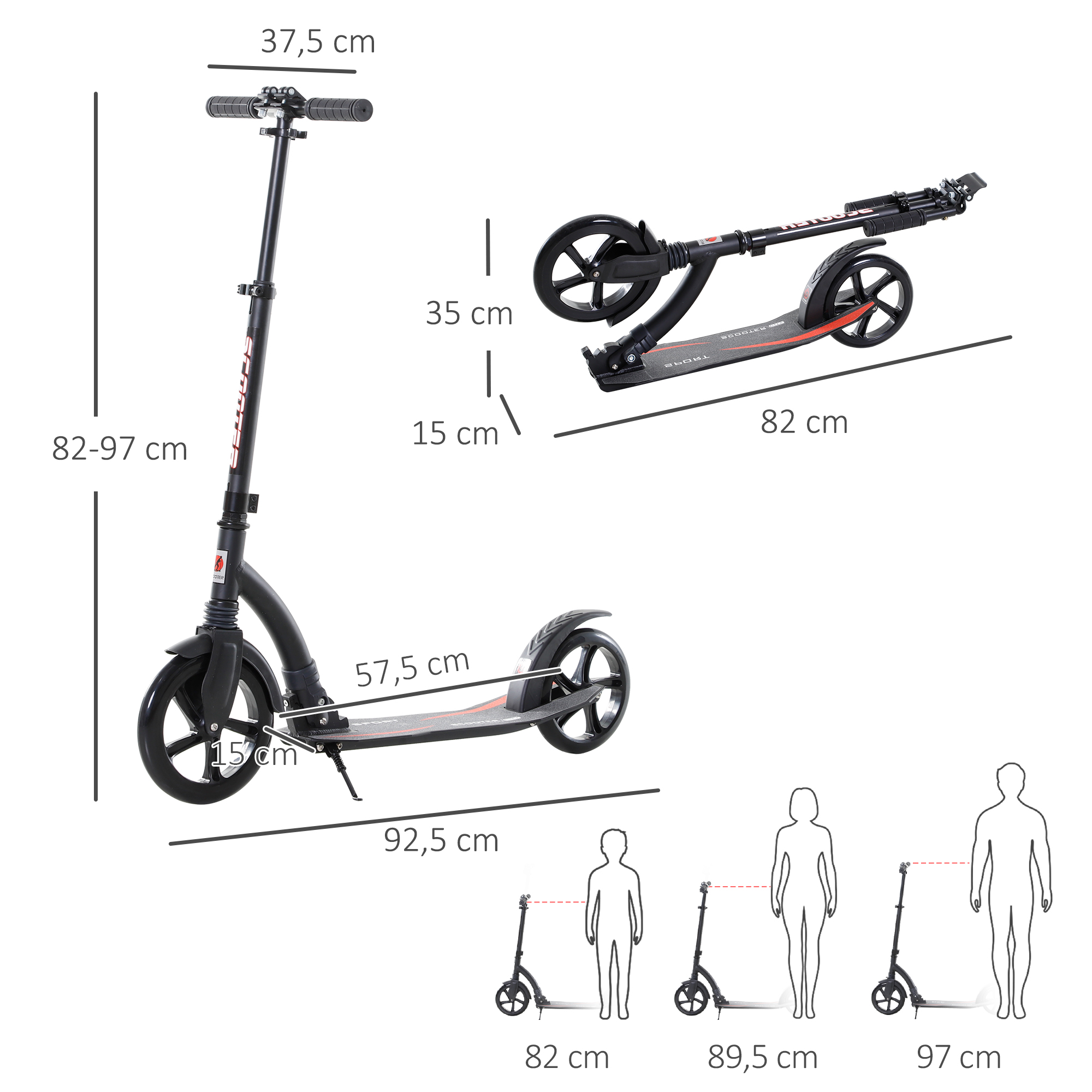 Roller Tretroller Kickscooter Klapproller, klappbar, Stoßdämpfer, ab 14 Jahren, Schwarz