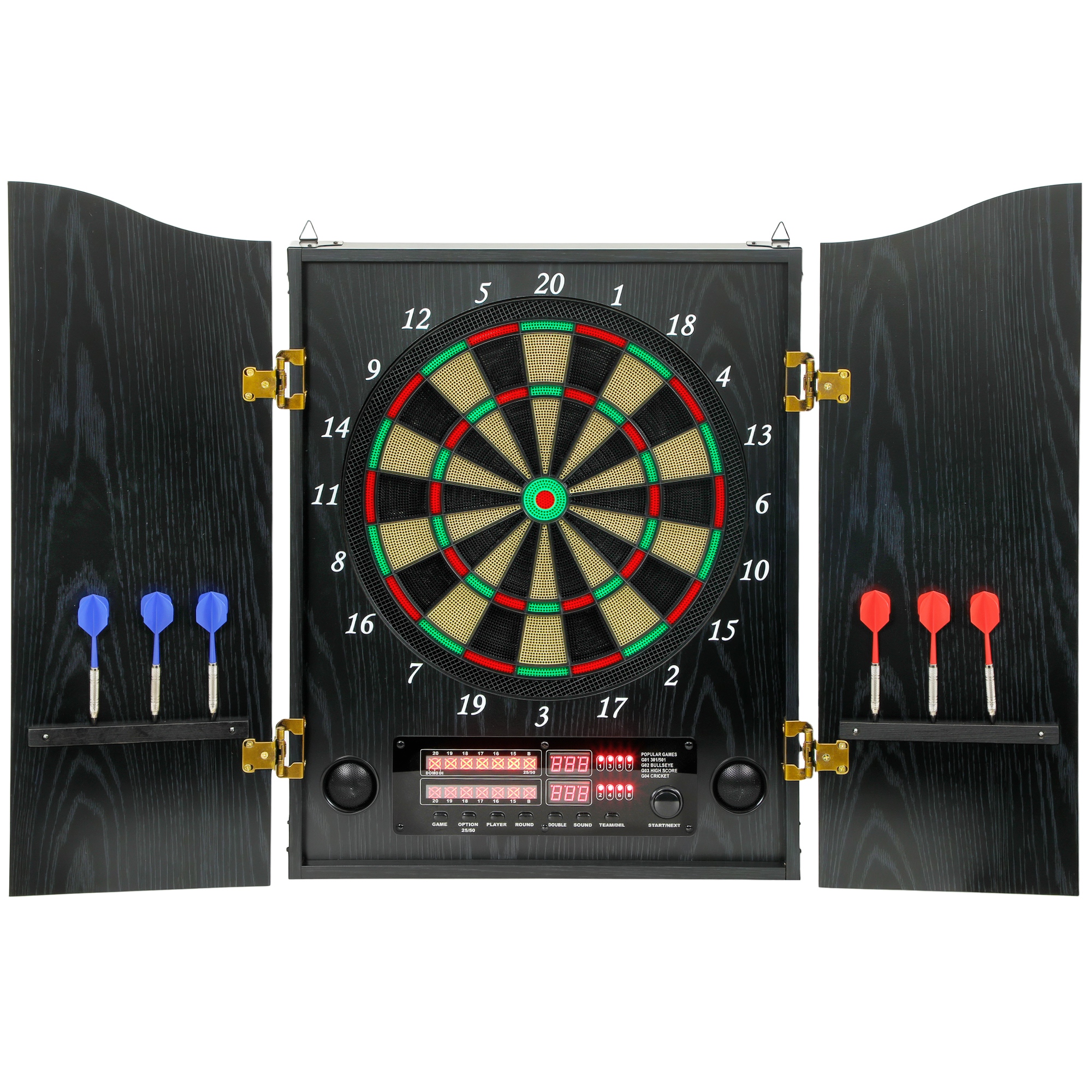 Elektronische Dartscheibe E Dartboard mit Türen Holzoptik LED Anzeige Sprachansagen 6 Dartpfeile, 24 Ersatzspitzen