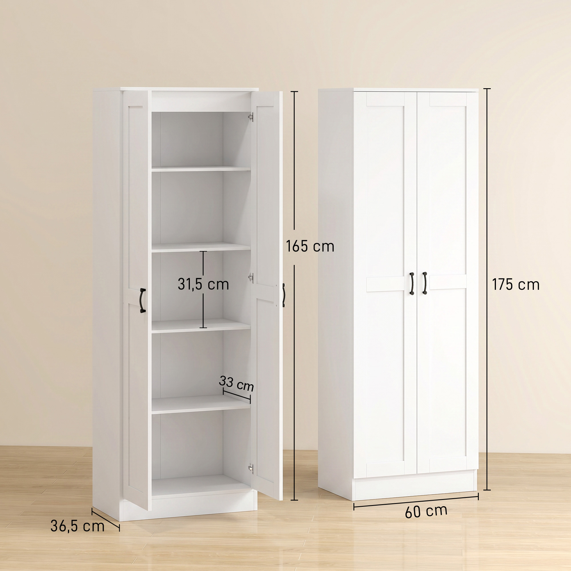 Vorratsschrank 175 cm mit Stauraum, Küchenschrank mit Soft-Close-Türen und verstellbaren Einlegeböden, Weiß