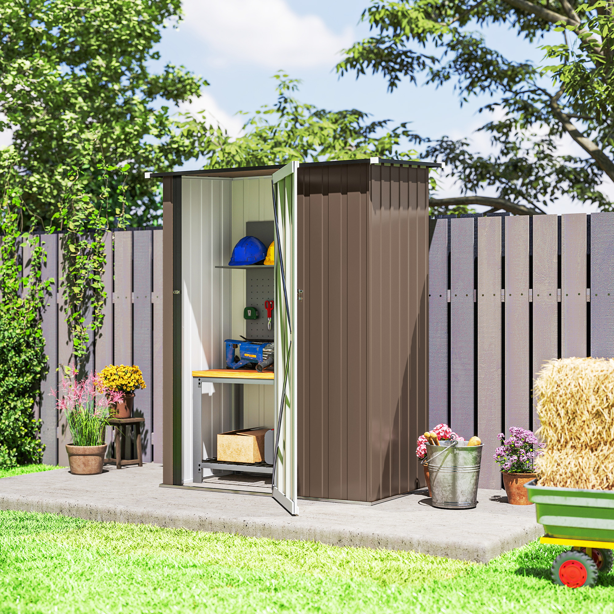 Gerätehaus 1,07 m² mit Schrägdach, 142 x 86 x 189 cm Geräteschuppen mit abschließbar Tür, Gartenhaus, Stahl, Braun