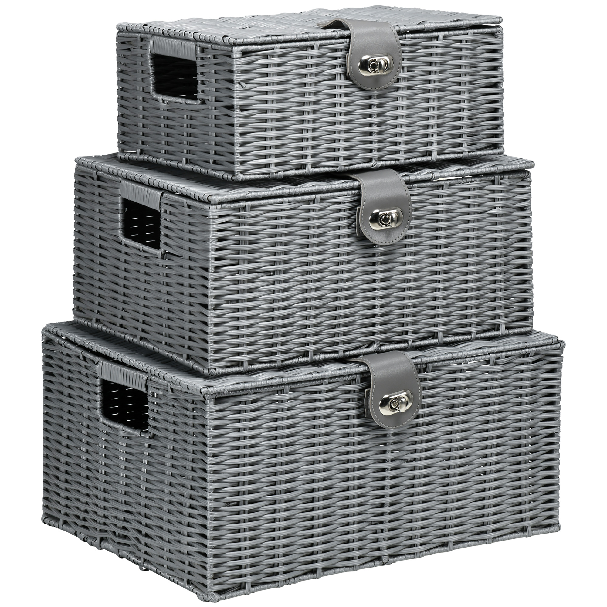 3er-Set Aufbewahrungskörbe aus PE- Rattan, mit Verschluss, Tragegriffen, 35,5 cm x 28,5 cm x 18 cm, Grau
