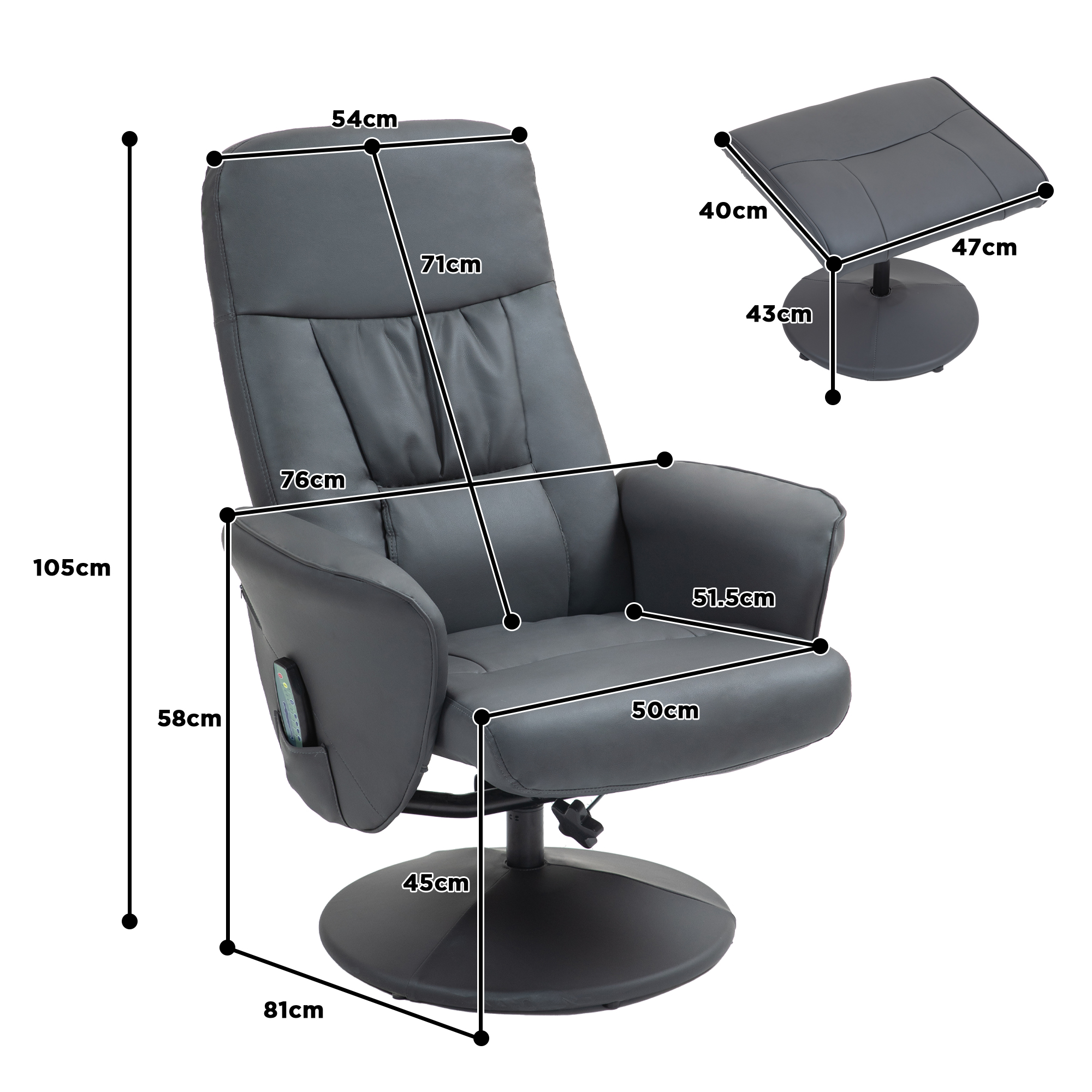 Massagesessel mit Fußhocker, Ergonomischer Stuhl mit 10 Vibrationspunkten, Kunstleder, 76 x 81 x 105 cm, Dunkelgrau