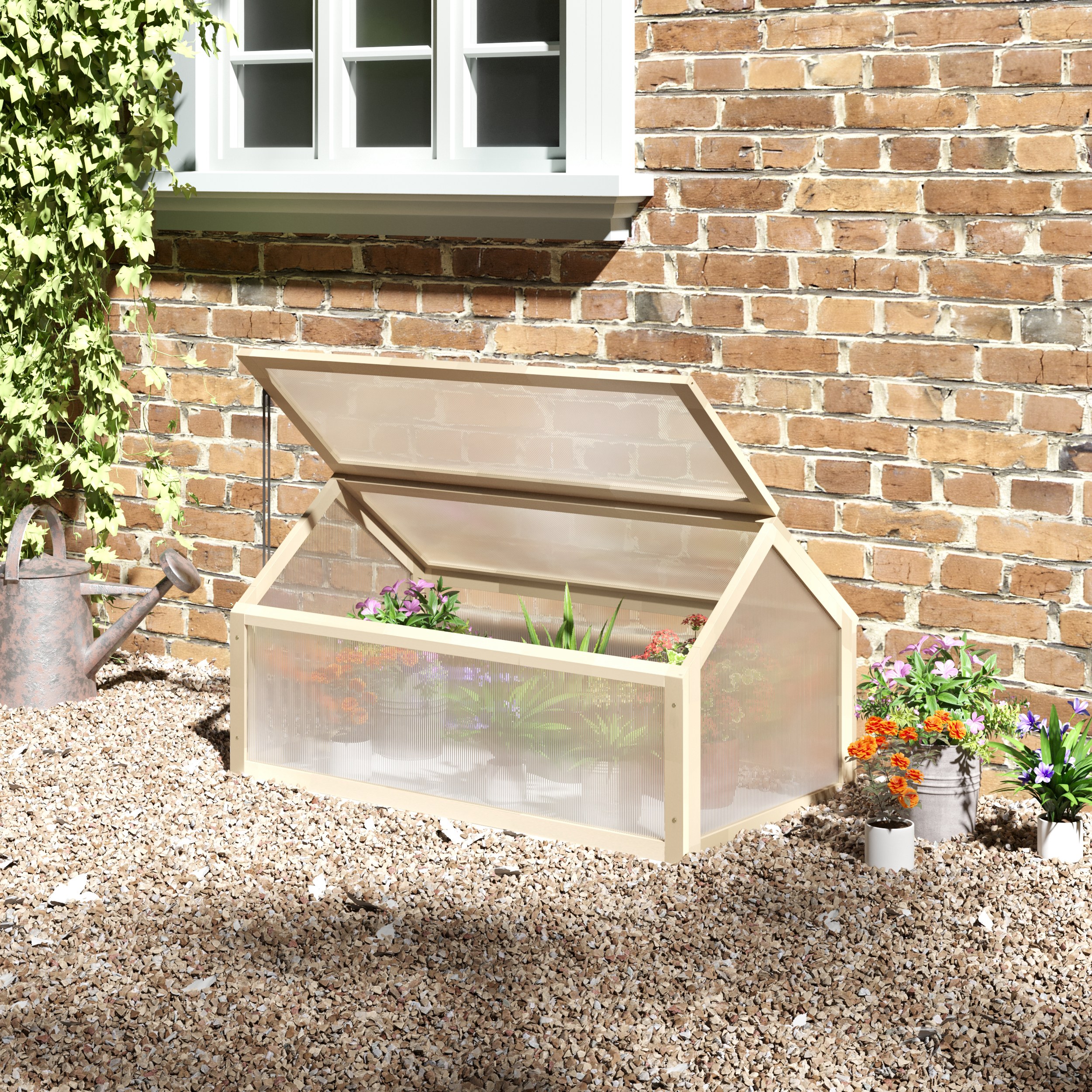 Mini-Gewächshaus, Kompaktes Pflanzenhaus aus Holz, Polycarbonat-Platten, Belüftungsöffnung, 90L x 52B x 49,5H cm, Natur