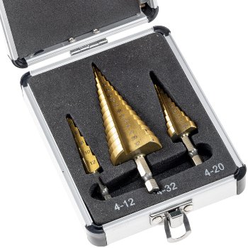 Stufenbohrersatz 3-teilig, 10mm Schaft - 4-12mm / 4-20mm/ 4-32mm Stufenbohrersatz 3-teilig, 10mm Schaft - 4-12mm / 4-20mm/ 4-32mm