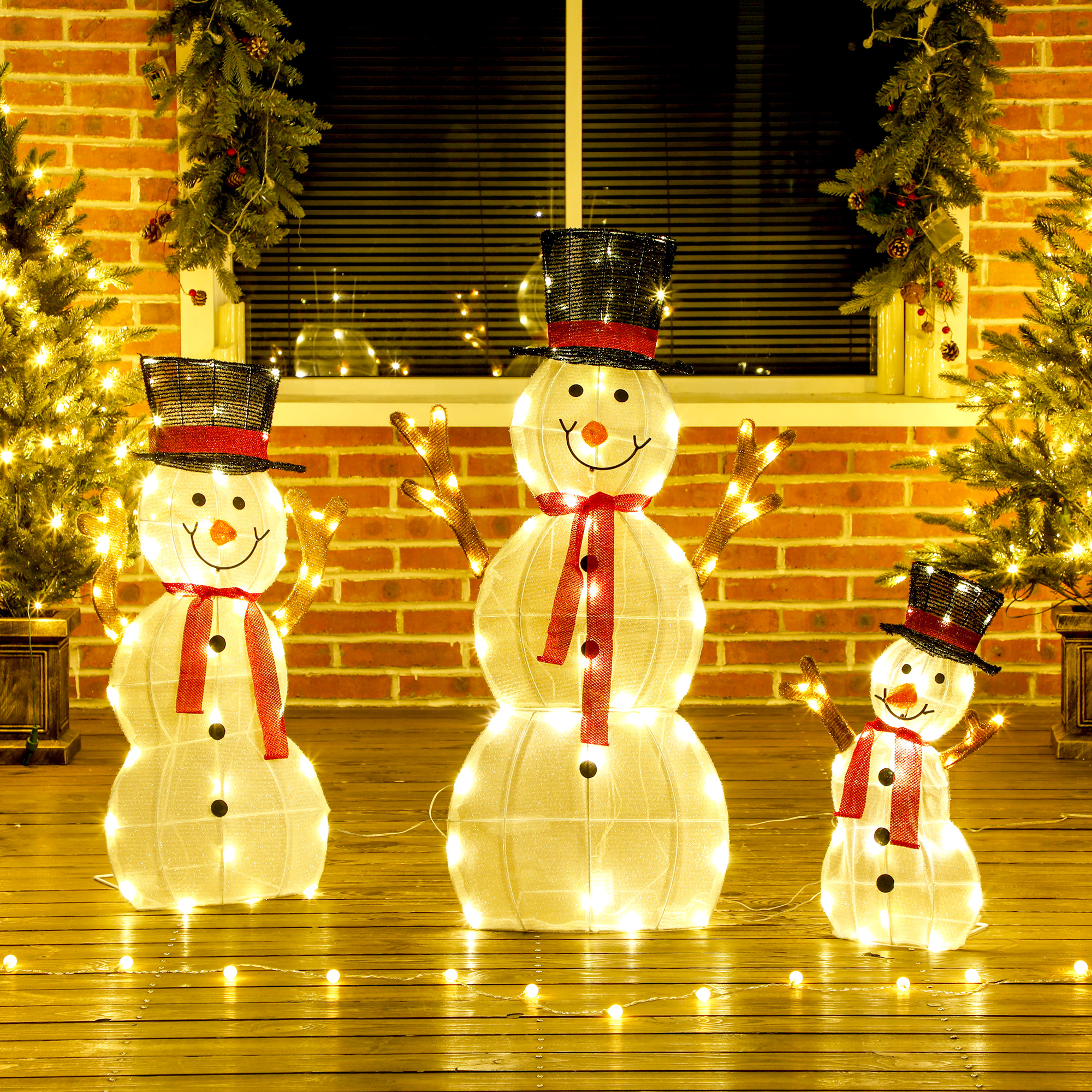 3-teilige weihnachtliche Schneemann-Familie, Außendekoration, LED-Lichter, Bodenpfähle, wasserfest, Stahl, Polyester, Weiß