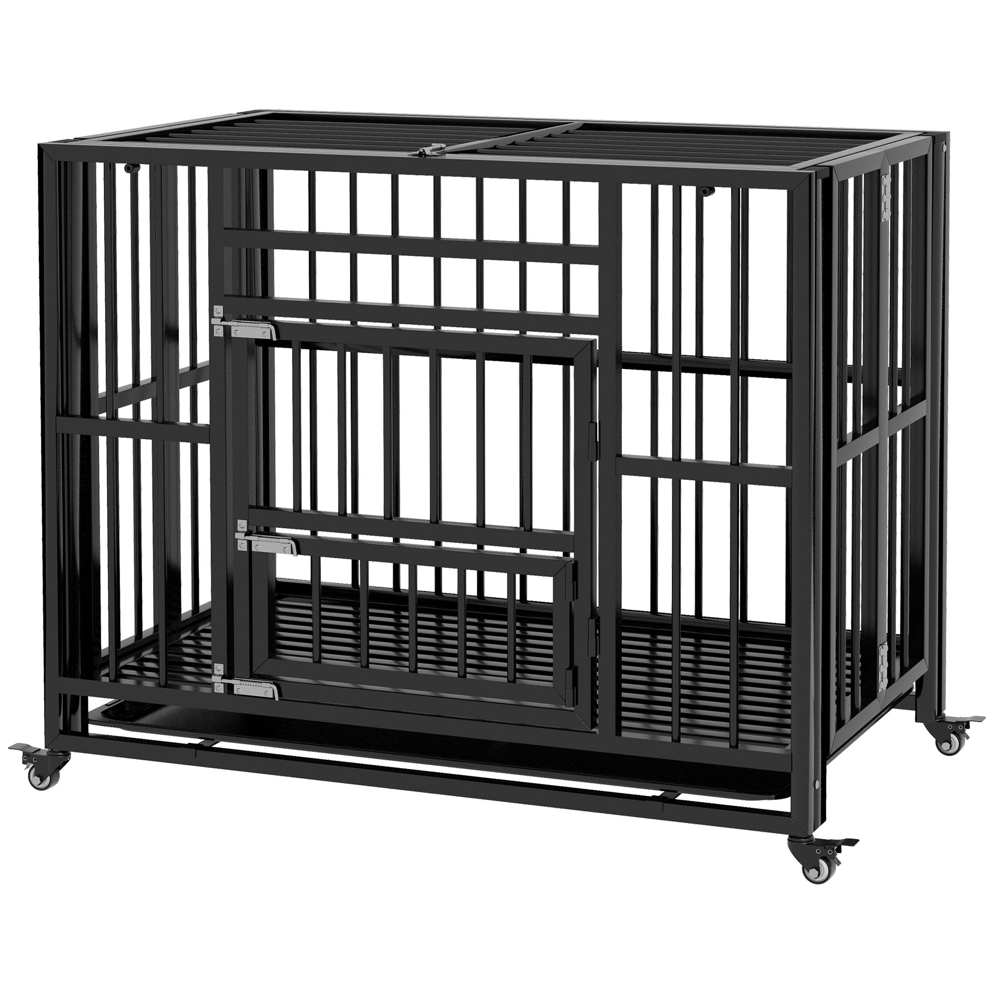 Hundebox Hundekäfig, inkl. Bodenwanne, Verriegelung, Universalrollen, 94 cm x 58 cm x 78 cm, Schwarz Hundebox Hundekäfig, inkl. Bodenwanne, Verriegelung, Universalrollen, 94 cm x 58 cm x 78 cm, Schwarz