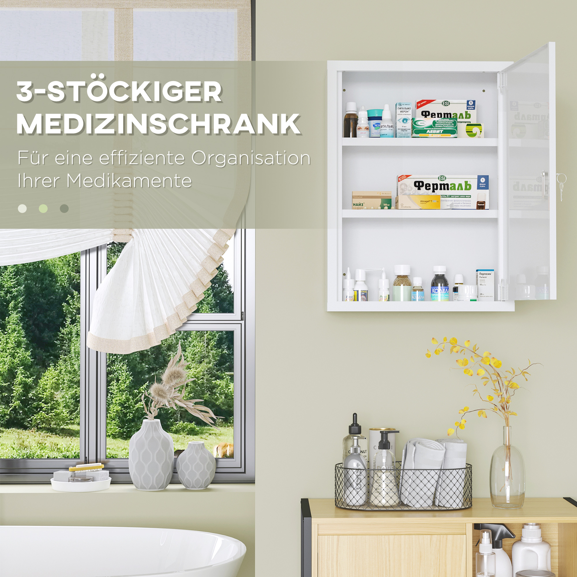 Medizinschrank, 3 Fächer, abschließbare Tür, stabiles Stahlgehäuse, weiß, 40 x 15 x 53,5 cm