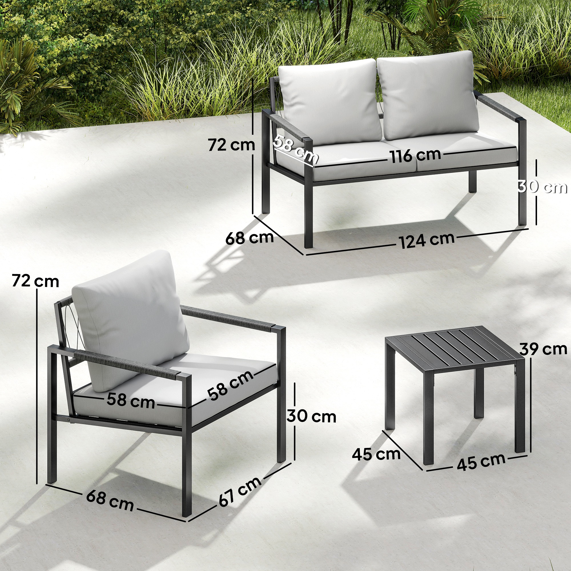 Gartenmöbel Set 4 Personen wetterfest Balkonmöbel-Set mit 2er Sofa, Sessel Sitzkissen Beistelltisch Hellgrau