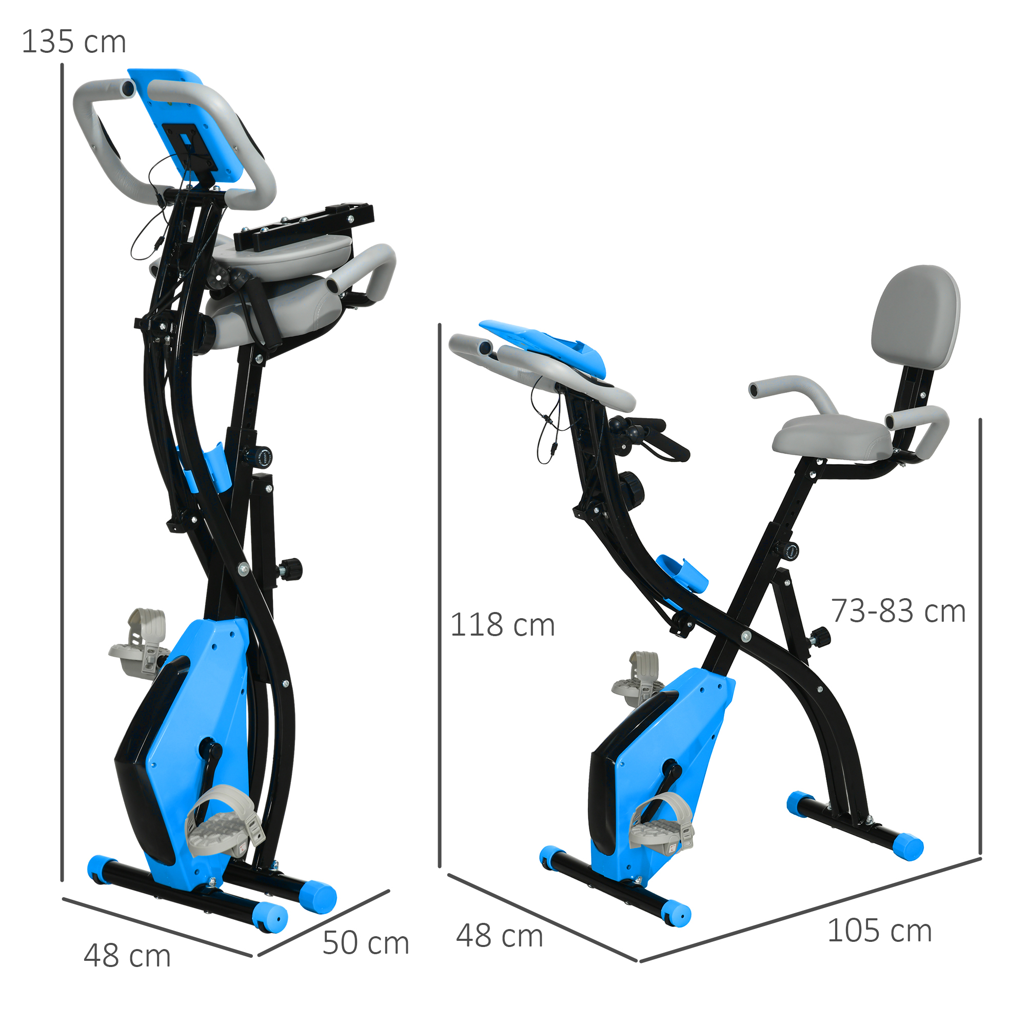 Heimtrainer X-Bike 2-in-1 Fahrradtrainer mit LCD-Display,Pulsmesser, klappbarer Hometrainer Trimmrad mit 8 stufig Magnetwiderstand, 1 Paar Spannseil, Stahl Blau 105x48x118 cm