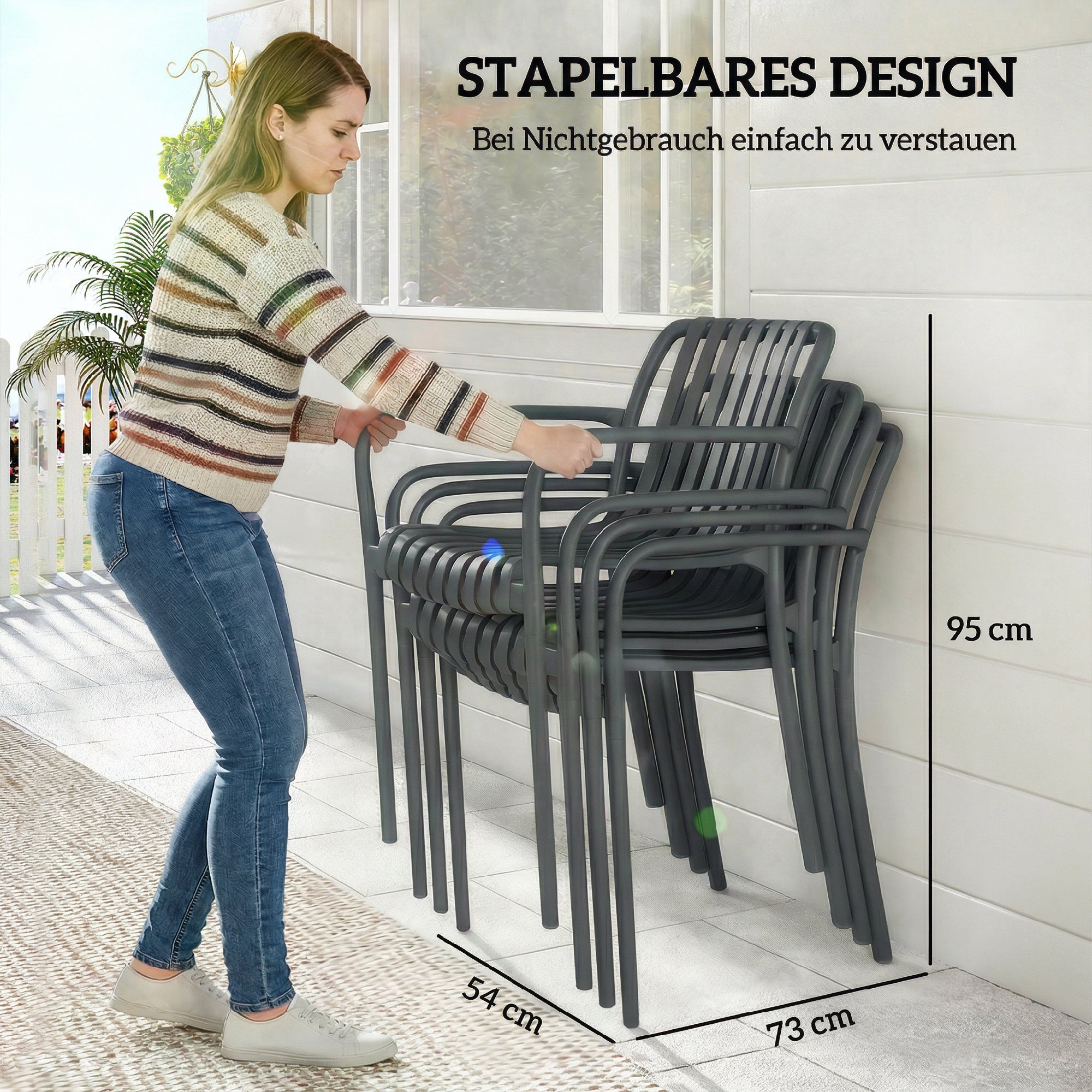 Gartenstühle 4er Set Stapelbare Terrassenstühle mit Lamelldesign Armlehnen, Ergonomisch Dunkelgrau