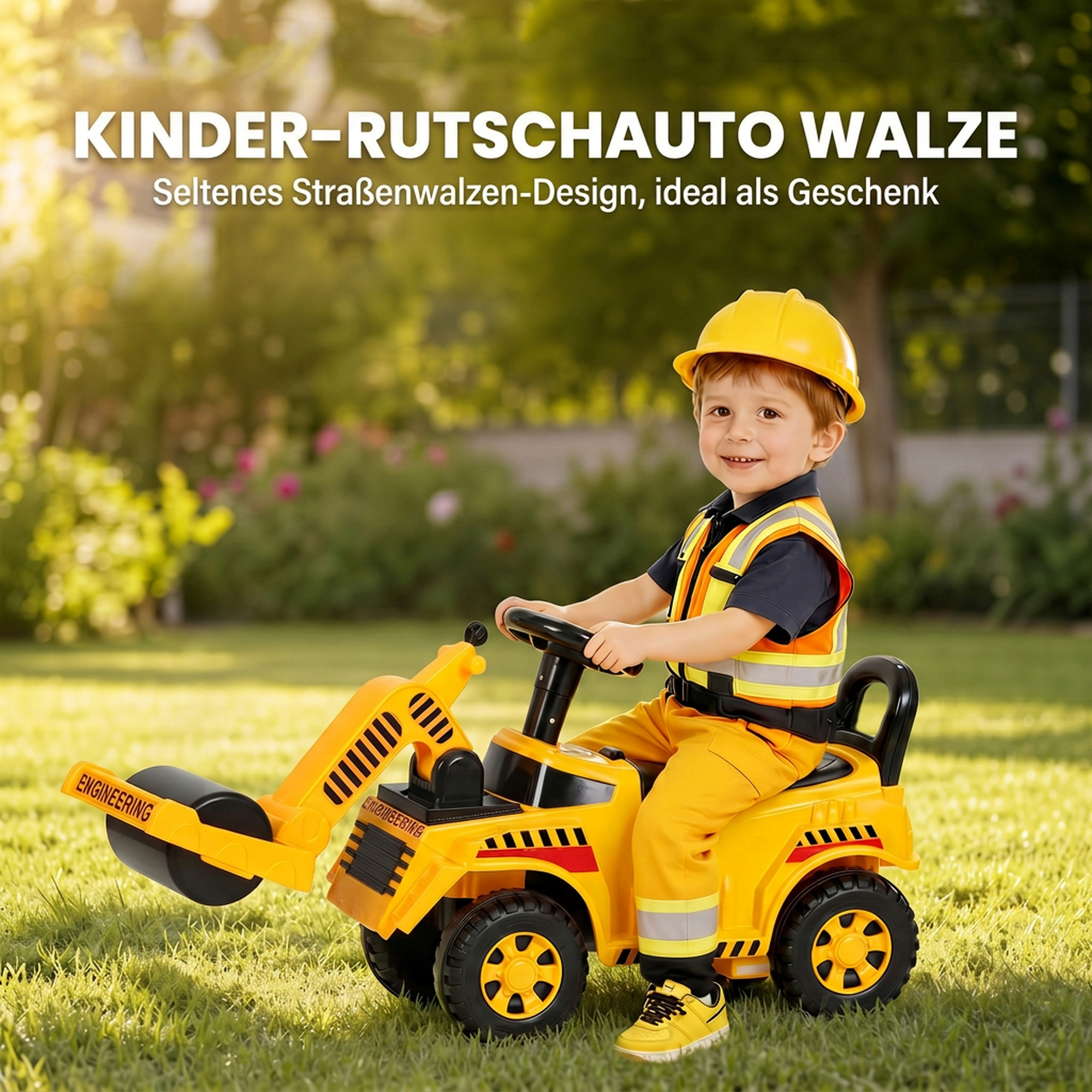 Sitzbagger Aufsitzbagger mit Schaufel Lenkrad Kinderbagger mit anhebbarer Frontwalze, Hupe, Stauraum unter dem Sitz