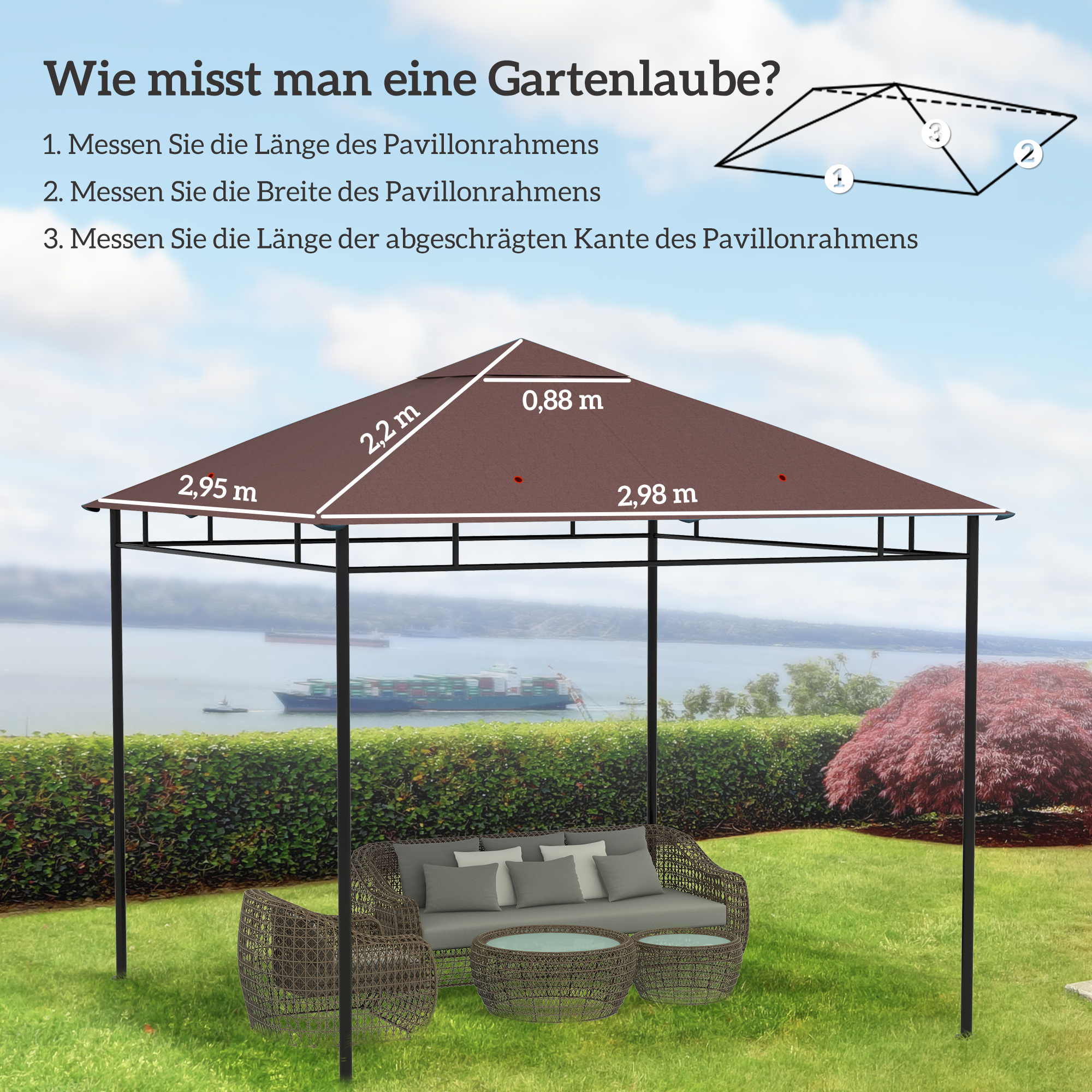 Ersatzdach für Gartenpavillon, Polyester, 2,98 x 2,95 m, Kaffee