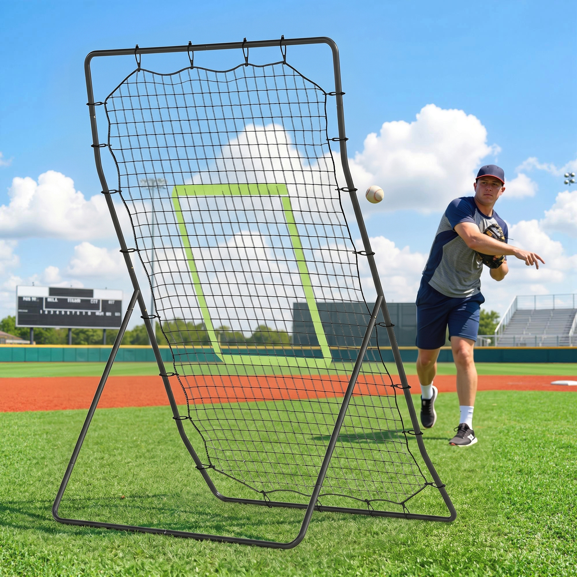Baseball-Rückprallnetz, wetterbeständig, Metallrahmen, grüne Trefferzone, 174H x 123B x 90T cm