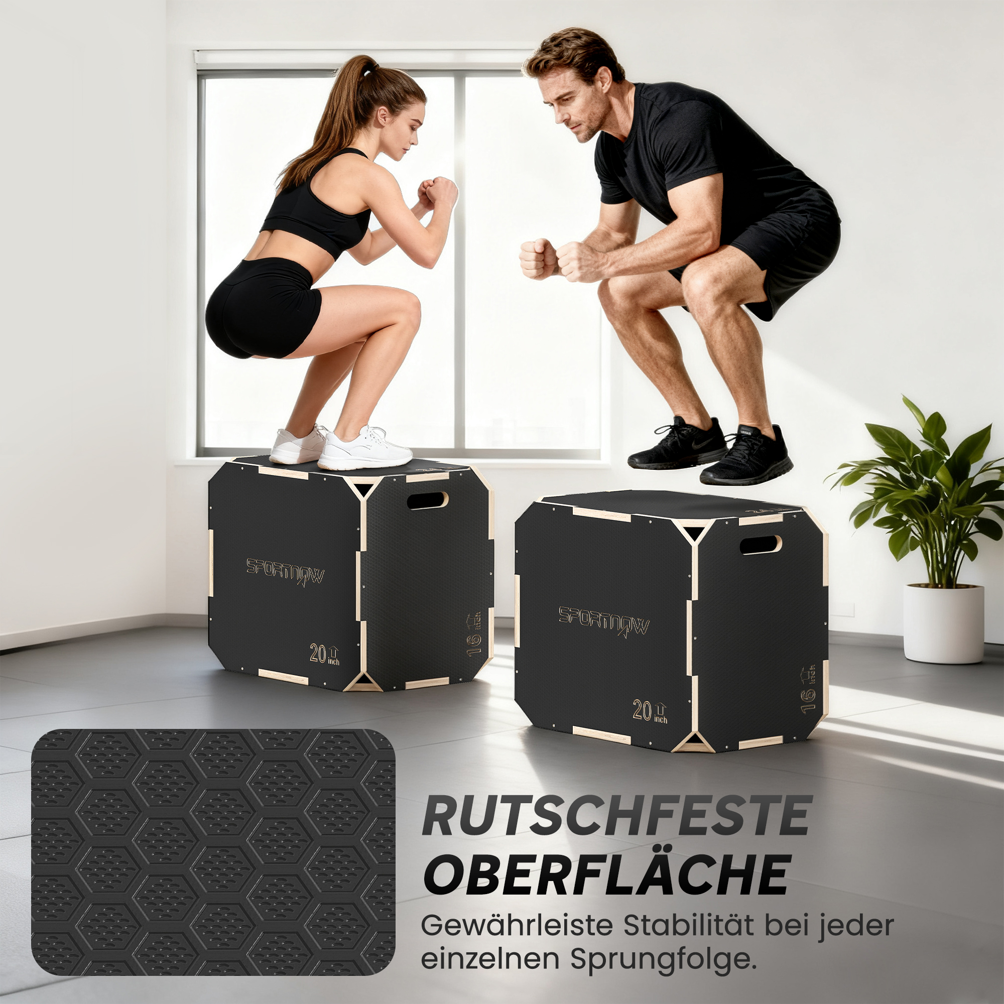 3-in-1 Plyo-Box, Sprungbox mit Griff-Öffnungen, für Home-Fitness und Outdoor-Workouts, 3 Sprunghöhen, Holz, Schwarz