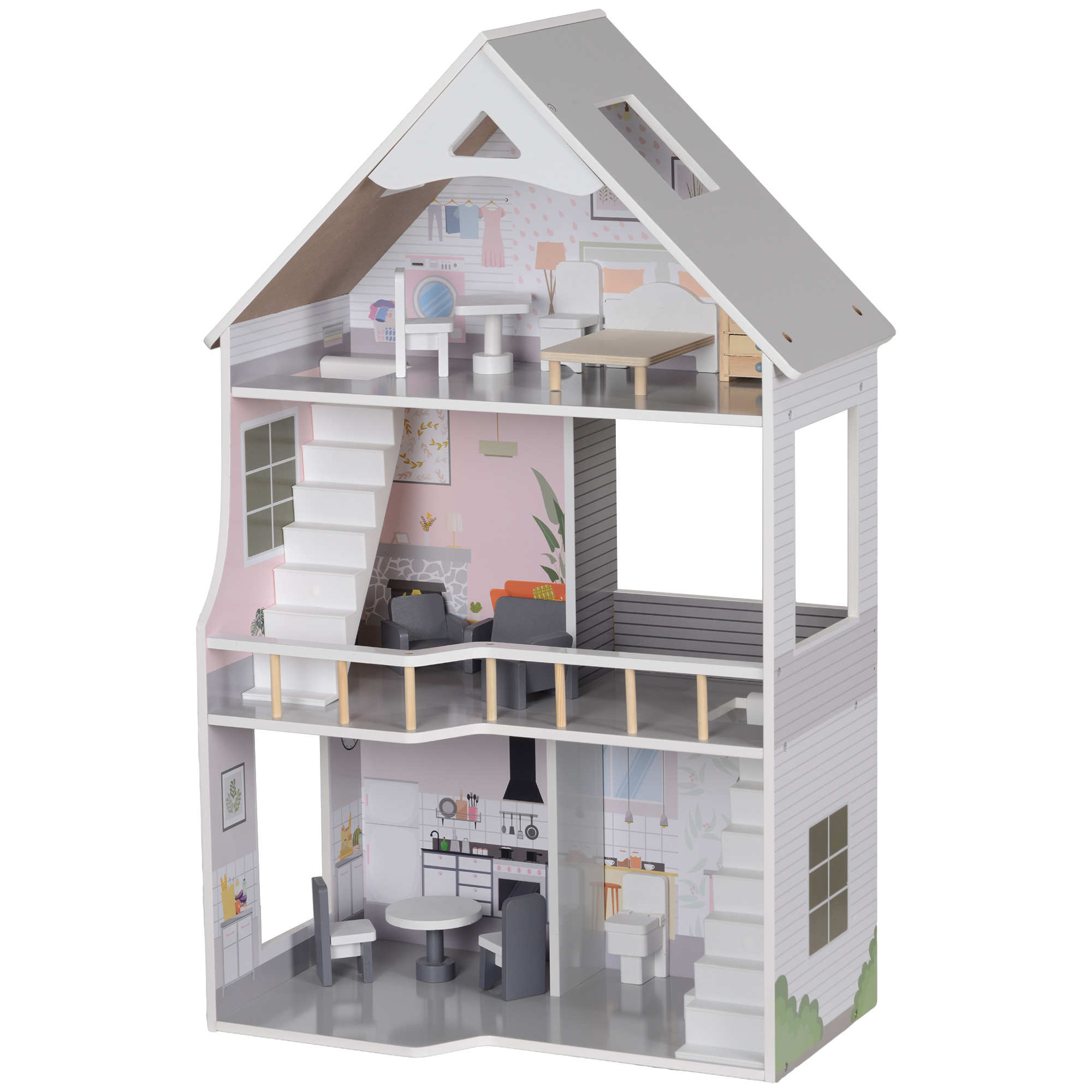 Puppenhaus aus Holz mit 13 Möbelstücken und Zubehör, 3-stöckiges Spielhaus für Kinder im Alter von 3-6 Jahren