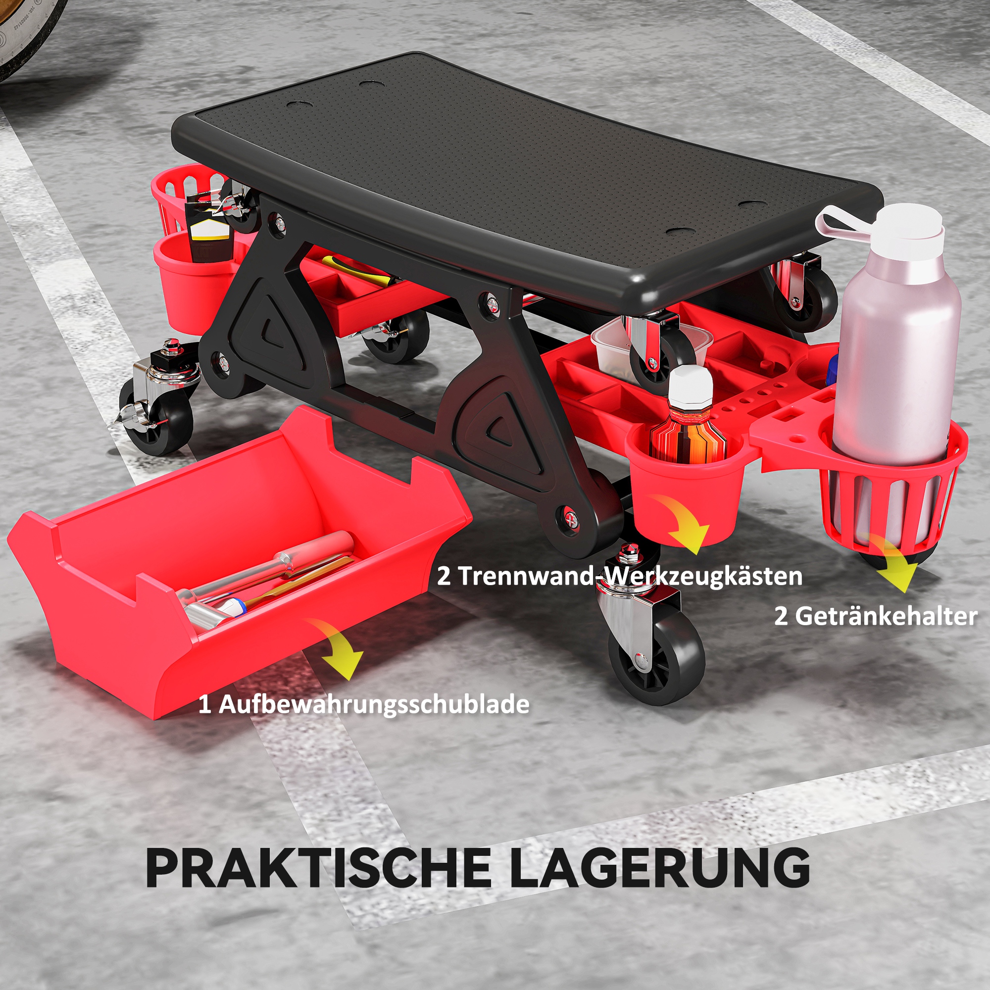 Werkstatthocker mit Rollen abnehmbar Sitz, Ablagefläche, 33cm hoch Rollhocker bis 135 kg belastbar Rot